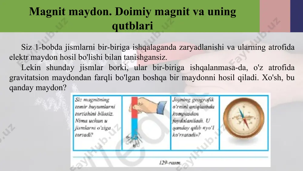 omli kitobida magnitlarning quyidagi xossalarini bayon qilgan: