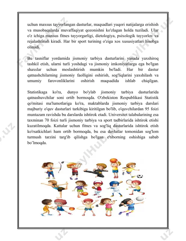 iy faoliyatda faol ishtirok etishiga yordam beradi. dastur doirasida o'tkazilgan tadqiqotlar bolalarning jismoniy rivojlanishiga yo'naltirilgan chora-tadbirlarning samaradorligini ko'rsatadi. misol uchun, 2021 yilda o'tkazilgan tahlillar natijasida dasturda ishtirok etgan bolalarning jismoniy faolligi 25% ga oshgani aniqlandi. shuningdek, bu bolalarda kasallanish holatlari sezilarli darajada kamaydi. "ilk qadam" dasturi bolalarning jismoniy rivojlanishi bilan bir qatorda ularning umumiy rivojlanishini qo'llab-quvvatlashga qaratilgan. jismoniy faollikning ortishi orqali bolalar hayoti davomida sog'lom turmush tarzini shakllantirishlari mumkin. ushbu dastur ozbekiston hukumatining soglom avlodni tarbiyalashga bolgan mustahkam ishonchi va etiborining muhim bir qismidir. bularning barchasi jismoniy rivojlanishning "ilk qadam" dasturidagi ahamiyati va samaradorligini ko'rsatadi. jumladan, dastur orqali jismoniy tarbiya va sog'lom turmush tarzining bolalar rivojlanishidagi ijobiy o'rni yanada ko'zga tashlanadi. bu nafaqat bugungi kunda, balki kelajak avlodlarning sog'lom hayot kechirishlariga asos yaratadi. 3. maktabgacha ta'limda jismoniy tarbiya fani maktabgacha ta'limda jismoniy tarbiya fani bo'yicha axborot va raqamlar: 1. maktabgacha ta'limda jismoniy tarbiya jismoniy rivojlanishni, sog'lom turmush tarzini shakllantirishni va …