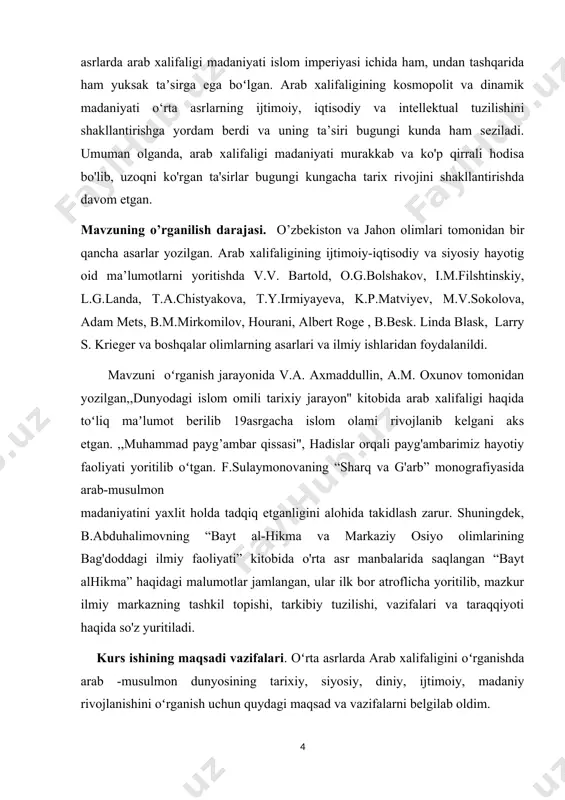.abduhalimov, a.murodov va birqancha olimlarni tadqiqot ishlaridan keng foydalanildi. arab-musulmon madaniyatining shakllanishi va rivojlanishini tadqiq etish xalifalik tarkibidagi barcha mamlakatlar xalqlari madaniyatini qiyoslab organish imkoniyatini yaratdi. tarixiy voqelikni umumlashtirgan holda, aniq va keng tasavvur qilish hamda tarixiylik nuqtainazaridan xolisona xulosalar chiqarish imkoniyatini beradi. insoniyat tarixida tub burilish yasagan arab-musulmon madaniyatini organish jarayonida juda koplab muhim bolgan qiziqarli malumotlarni olish mumkin va bu malumotlarni tahlil qilish orqali muhim xulosalarga kelinadi kurs ishi tarkibiy tuzilishi. kirish, ikki bob, besh paragraf, xulosa, foydalanilgan adabiyotlar ro’yxati va ilovadan iborat. ishning umumiy hajmi ilovalar hisobga olinmaganda 49 betni tashkil etadi. i bob arabiston yarim orolining islomgacha bo’lgaan davri. 1.1. islomdan oldin arabistonda ijtimoiy – siyosiy hayot. arabiston yarim oroli osiyo qit’asining janubi-g‘arbida joylashgan. tomonlari teng bо‘lmagan tо‘rtburchakni tashkil qiluvchi bu yarim orolning shimolida suriya-mesopotamiya dashti, sharqida esa fors kо‘rfazi, janubida - hind okeani va g‘arbida qizil dengiz bilan tutashadi. yarim orolning uzunligi 2 ming km, …