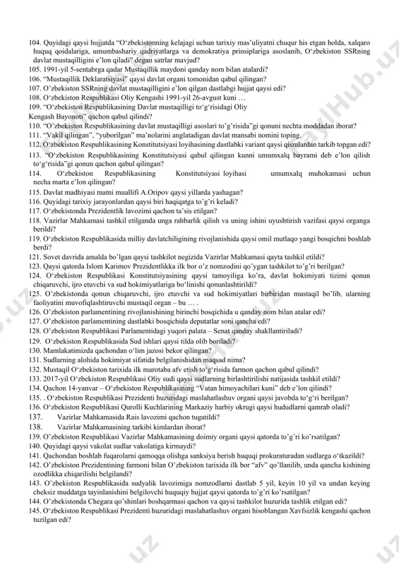 tamoyil asosida harakat qildi? 51. o‘zbekiston iqtisodiyotining bir tomonlama rivojlanishiga markazning qanday siyosati sabab bo‘lgan edi? 52. qachondan boshlab o‘zbekistonning mashinasozlik sanoati qishloq xo‘jaligi va irrigatsiya uchun mashina va uskunalar ishlab chiqarishga o‘tkazildi? 53. guliston shahrining dastlabki nomini toping. 54. monokultura so‘ziga ta’rif to‘g‘ri berilgan qatorni toping. 55. stalin vafotidan keyin qatag‘on qilingan o‘zbekistonliklarning qanchasi oqlangan? 55. kimning rahbarligi davrida o‘zbekistonda ziyolilarni qatag‘on qilish siyosati avj oldirildi? 56. milliy respublikalar huquqini rasmiy cheklagan konstitutsiya kimning rahbarligida tayyorlangan? 57. . sovet jamiyatida qaysi siyosiy tuzulma rahbarlik qiluvchi va yo’naltiruvchi kuch hisoblanib, sovetlar va jamoa tashkilotlariga o’z irodasini amalda zo’rlik bilan o’tkazgan? 58. sovet boshqaruvi davrida aholining ijtimoiy-maishiy masalalarga doir shikoyat va takliflar qaysi organ tomonidan ko’rib chiqilgan? 59. partiya nomenklaturasi – bu …. 60. oltin va uran ma’danlari qazib olish sanoatining paydo bo’lishi qaysi hududdagi tumanlarning o’zlashtirilishi bilan bog’liq? 62. defoliatsiya – bu … 63. orol dengizida suv sathi jadal sur’atda …