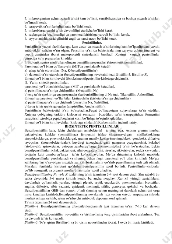 apenemlar- mikroblarga qarshi ta’sir mexanizmi, ishlatishdagi ko’rsatmalar, nojo’ya ta’sirlar qanday? 15. monobaktamlar- mikroblarga qarshi ta’sir mexanizmi, ishlatishdagi ko’rsatmalar, nojo’ya ta’sirlar qanday? 16. makrolid, azalidlarni ta’sir spektri va mexanizmi qanday? 17. makrolidlarning afzalligi va kamchiligi nimada? 18. makrolid, azalidlarni qanday qo’llash uchun ko’rsatmalarini bilasiz? 5.2. mashgulot mazmuni ximioterapiya (p.erlix kiritgan atama) deb o’zining rezorbtiv ta’sirida xastaliklarnning chiqaruchi omilga salbiy ta’sir etuvchi vositalar bilan yuqimli kasalliklarni davolashga aytiladi. ximioterapevtik vositalar deb, (qonga so’rilgandan so’ng) mikroblarga qarshi tanlab ta’sir etuvchi maqsadli sintezlangan birikmalarga aytiladi. xozirgi zamonda ximioterapevtik vositalarning turi va soni juda ko’p bo’lib, ular sodda xayvonlar, bakteriyalar, rikkestiyalar, kata viruslar va boshqalar bilan chaqirgan yuqimli kasalliklarni davolashda qo’llaniladilar. ximioterapevtik vositalar quydagi talablarga javob berishlari kerak: bakteriostatik ta’siri organizimga kiritilganda xam yo`qolmasligi kerak. inson organizimini funkstiyalariga ta’sir etmasligi kerak. ya’ni ularning zaxarliligi pastbo’lib faqat mikroorganizimlargagini tanlab tasir ko’rsatishlari kerak. bunda bakteriostid emas, balki bakteriostatik ta’sir etishlari kerak (yani mikroorganizimlarning rivojlanishini va ko’payishini to’xtatishlari …