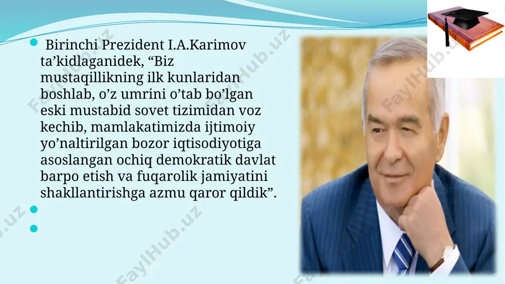 ’risida"gi qonun 17 moddadan iborat bo’lib, mustaqil respublika uchun vaqtincha konstitusiya rolini o’ynaydigan bo’ldi. ushbu qonunda o’zbekiston mustaqil demokratik davlat deb e’lon qilindi, ma’muriy-hududiy tuzilishi, hokimiyat va boshqaruv idoralari tizimini mustaqil belgilash qonunlashtirildi. respublikaning davlat bo’linishi hamda iqtisodiy asoslari ham qonunda o’z aksini topdi. shuningdek, ushbu hujjatda o’zbekistonning qoraqalpog’iston bilan munosabatlari xususida so’z borib, o’zbekiston qoraqalpog’istonning hududiy yaxlitligini tan olishi haqida fikr yuritiladi, u o’zbekiston tarkibida ekanligi e’tirof etiladi. bunday qonunning qabul qilinishi o’sha davrda erishilgan yutuqlarning yuqori cho’qqisi bo’ldi. shunday qilib, o’zbek xalqi asrlar davomida orzu qilgan mustaqillikka tinch yo’l bilan, birinchi prezident i. karimov boshchiligida respublika rahbariyatining oqilona yo’l tutishi orqali erishildi. o’zbekiston respublikasining davlat mustaqilligi e’lon qilinishi bilan birga davlat mustaqilligi bilan bog’liq qonunlar tizimini yaratish zarur edi. o’zbekiston erishgan istiqlolni mustahkamlash uchun mamlakatda referendum o’tkazishga qaror qilindi. 1991-yili 18-noyabrda oliy kengash viii sessiyasi o’zbekiston respublikasi referendumini o’tkazish to’g’risida qaror qabul qildi. shunga muvofiq 29-dekabrda: "siz oliy …