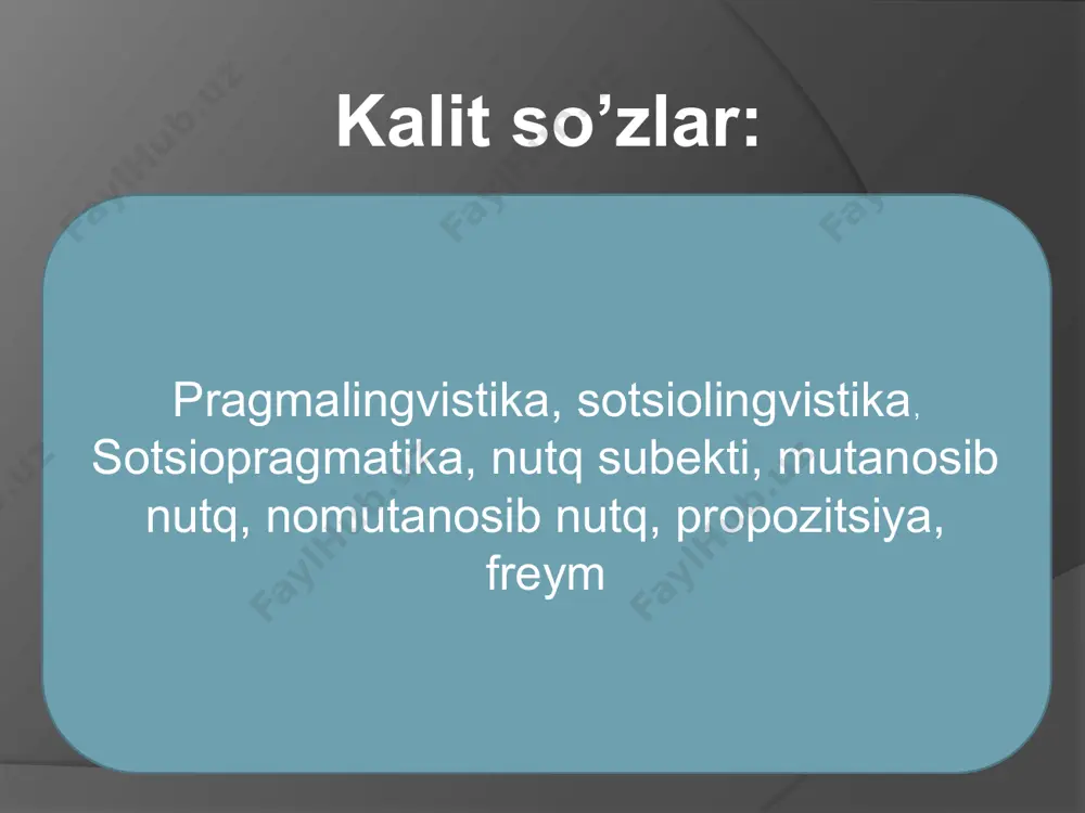ovchilar balosida…qish ichi keti uzilmadi.(cho’lpon) kommunikantlarning o’zaro yoshi, jinsi, sotsial mavqega ko’ra tenglik munosabati bo’lsa-da muloqotda simmetrik munosabatning salbiy ko’rinishi ko’zga tashlanadi nomutanosib gap aloqa aralashuv jarayonida tildan foydalanishning ikki asosiy maqsadi bo’ladi 1.nimadir xususida axborot berish 2.odamlarning ruhiyati va axloqiga ta’sir o’tkazish so’zlashuvchilaring lisoniy bilimi deganda, lisoniy birliklr bilan vaziyat elementlari o’rtasidagi munosabatning inson ongida aks etishi tushuniladi. bunday munosabatning aks etishini izohlashda ch.fillmor kiritgan freym atamasidan foydalanish mumkin. ma’lumki har qnday tildagi so’zlar ma’lum bir belgilariga ko’ra u yoki bu temetik guruhlarni, mazmuniy maydonlarni hosil qiladi. maslan, opa, ota, ona, uka, singil va boshqalar. xx asrning 50-yillarida psixologiya va tilshunoslik fanlarining hamkorligi natijasida yuzaga kelgan. psixolingvistikaning asosiy tadqiq obyekti nutqiy faoliyat sub’ekti bo‘lgan shaxs, til sohibi hisoblanadi. rus tilshunosligida mazkur soha rivojiga katta hissa qo‘shgan a.a.zalevskaya psixolingvistikaning vazifasi haqida yozar ekan, “tilning amal qilishini psixik fenomen sifatida tavsiflash va tushuntirish” ushbu sohaning asosiy maqsadi bo‘lishi kerakligini ta’kidlaydi. psixolingvistikaga …