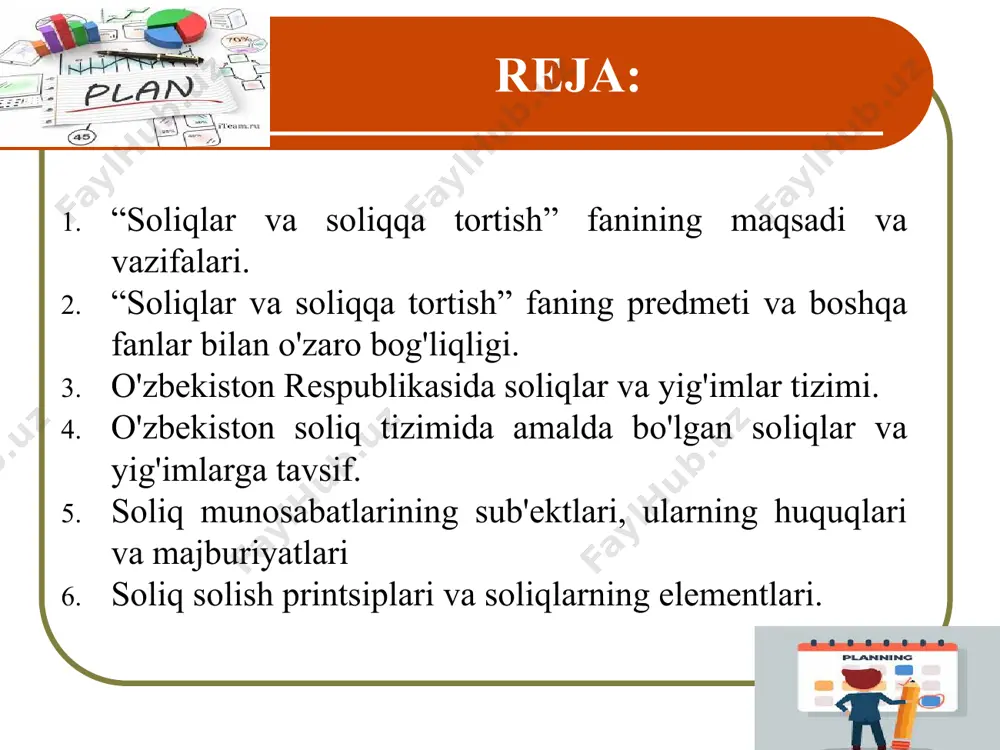 lar(2020-yilgi tahriri) 17-modda. sk. soliqlarning va yig'imlarning turlari 18-modda. sk. maxsus soliq rejimlari soliq to‘lovchilarning ayrim toifalari uchun o‘zbekiston respublikasi hududida quyidagi maxsus soliq rejimlari belgilanadi: aylanmadan olinadigan soliq; mahsulot taqsimotiga oid bitimlar ishtirokchilariga soliq solishning alohida tartibi; maxsus iqtisodiy zonalar ishtirokchilariga va ayrim toifadagi (to'g'ridan-to'g'ri xususiy chet el investisiyalari ishtirokidagi yuridik shaxslar, maxsus iqtisodiy zonalarning ishtirokchisi, advokatlar hay'atlari, advokatlik firmalari, advokatlik byurolari va advokatlar) soliq to‘lovchilarga soliq solishning alohida tartibi; o‘zbekiston respublikasining ayrim hududlarida soliq solishning alohida tartibi. 18-modda. sk. maxsus soliq rejimlari 18-modda. sk. maxsus soliq rejimlari soliq munosabatlarining sub'ektlari (sk. 19-modda) soliq munosabatlarining subyektlari soliq to'lovchilar soliq agentlari vakolatli organlar 20-modda. sk. soliq to'lovchilar 21-modda. sk. soliq to'lovchilarning huquqlari 21-modda. sk. soliq to'lovchilarning huquqlari 22-modda. sk. soliq to'lovchilarning majburiyatlari 22-modda. sk. soliq to'lovchilarning majburiyatlari 23-modda. sk. soliq agentlari 25-modda. sk. vakolatli organlar 25-modda. sk. vakolatli organlar 25-modda. sk. vakolatli organlar 25-modda. sk. vakolatli organlar 25-modda. sk. vakolatli …