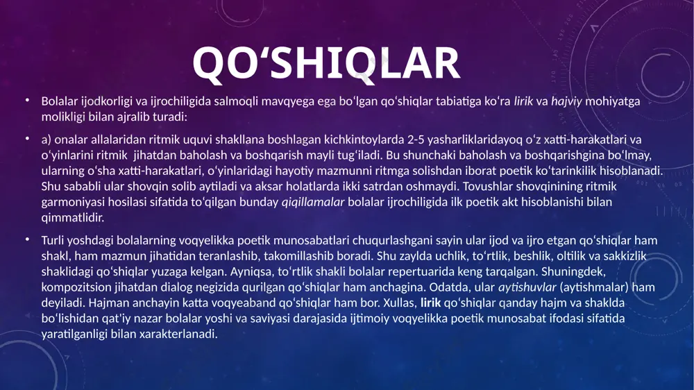 – taqlid negizida qurilgan harakatli o‘yinlar; – narsa yoki o‘yinchoqlar harakatni boshqaradigan o‘yinlar; – poetik so‘z harakatni boshqaradigan o‘yinlar. shuni alohida ta'kidlash joizki, bolalar ijrochiligida o‘yinlar qo‘shiqlar bilan ziynatlangani tufayli favqulodda estetik mohiyat kasb etgan. zero, qo‘shiq harakatdan iborat o‘yinlarning ajralmas uzviy qismi sifatida ularning mazmundorligini to‘ldirishga xizmat qilgan, aniqrog‘i, qo‘shiq bolalarni o‘yinga chorlaydi, yo ular o‘yiniga muqaddima bo‘ladi, yo o‘yin uchun shart vazifasini o‘taydi. bunday vaziyatda u o‘yinning debochasini tashkil qiladi, yo o‘yindagi harakatning yo‘nalishini belgilab, dramatik holatni yuzaga keltiradi, yo o‘yinga yakun yasab, ishtirokchilarni tarqalishga da'vat etadi. bunday qo‘shiqlar o‘yinning tarkibiy uzvi sanaladi. chunki ularda butun o‘yin jarayoni zuhur topmaydi. chorlamalar, cheklashmachoqlar, sanamalar, shuningdek, o‘yindagi harakatni boshqaruvchi badihalar va tarqalmachoqlar shunday xarakterga ega. b) ma'naviy yoki so‘z o‘yinlari. bolalar so‘z bilan o‘ynab, ma'naviy kamolot pillapoyalaridan ildamlaydi. bola o‘z kamolotining ilk bosqichida so‘z ma'nosini anglashdan yiroq turadi. biroq so‘zning sehrli olamiga u bilan o‘ynab turib kira boradi. onalar allalarining …