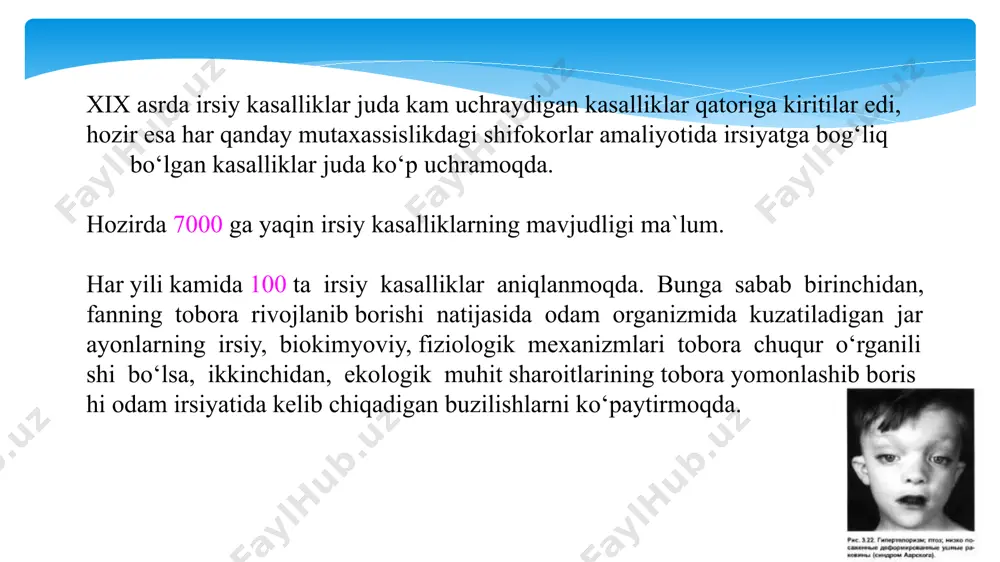munosabat yotadi. irsiy kasalliklarni 5ta guruhga ajartish mumkin: 1. gen kasalliklari; 2. xromosoma kasalliklari; 3. irsiy moyilli yoki multifaktorial (ko‘p omilli) kasalliklar; 4. somatik hujayralar kasalliklari; 5. ona va pusht antigenlari nomosligi kasalliklari. gen kasalliklari – gen mutatsiyalari natijasida kelib chiqadi xromosoma kasalliklari – genom va xromosoma mutatsiyalari natijasida kelib chiqadi. irsiy moyilli kasalliklar monogen va poligen bo‘lishi mumkin. bu kasalliklar yuzaga chiqishi uchun ma`lum muhit omillari ta`siri kuzatilishi shart. somatik hujayralar irsiy kasalliklari asosida somatik hujayralarmutatsiyalari yotadi. ba`zi yomon sifatli o‘smalarda xromosoma mutatsiyalari hujayralar transformatsiyasiga sabab bo‘lishi aniqlangan. embriogenezning qaltis davrlarida somatik hujayralardagi mutatsiyalar tug‘ma rivojlanish nuqsonlariga sabab bo‘lishi mumkin. ona va pusht antigenlari nomosligi irsiy kasalliklari ona organizmining pusht antigenlariga immunologik reaktsiyasi natijasidir. bunday kasalliklarning tipik misoli qilib rh antigeniga nisbatan ona va pusht nomosligi natijasida kelib chiqadigan chaqaloqlar gemolitik anemiyasi kasalligini keltirish mumkin. immunologik ziddiyatlar abo guruhlari antigenlariga nisbatan ham kelib chiqishi mumkin. bu guruh kasalliklari akusherlikginyekologiya …