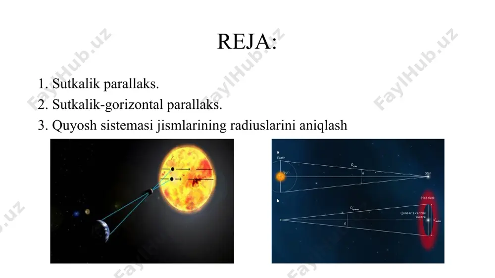 bu planetaning sutkalik parallaksi p0 to‘g‘ri burchakli uchburchak oep dan: ekanligini keltirib chiqaramiz to‘g‘ri burchakli uchburchak opo' dan planetaning ko‘rinma radiusi p: ga teng bo’ladi budan r ni topsak: r=l sin p ga teng bo’ladi. endi l ni sutkalik parallaks formulasidan topilgan qiymatini bu tenglamaga qo‘yib, planeta radiusi (r) ni quyidagicha aniqlash mumkin: bo’lganligi uchun kabi yozishimiz mumkin. bordi-yu osmon jismining ko‘rinma radiusi yetarlicha katta bo‘lsa (masalan oy uchun, ungacha masofa: kabi aniqlanadi. savol va topshiriqlar: quyosh sistemasidagi biror jismning parallaks burchagi deb qanday burchakka aytiladi? quyosh sistemasidagi jismlargacha bo‘lgan masofalar qanday topiladi? radiolokatsion metod yordamida osmon jismlarigacha bo‘lgan masofalar qanday topiladi? quyosh sistemasiga kiruvchi jismlarning o‘lchamlari (radiuslari) qanday topiladi? buning uchun dastlab ularning qanday parametrlarini aniqlash zarur? planetalarning sutkalik gorizontal parallaksi (po) va ko‘rinma radiuslariga (ρ) ko‘ra ularning radiuslarini (r) hisoblash formulasini yozing. image1.png image2.png image3.png image4.png image5.png image6.png image7.png image8.png image9.png image10.png image11.png image12.png image13.png image14.png image15.png /docprops/thumbnail.jpeg
