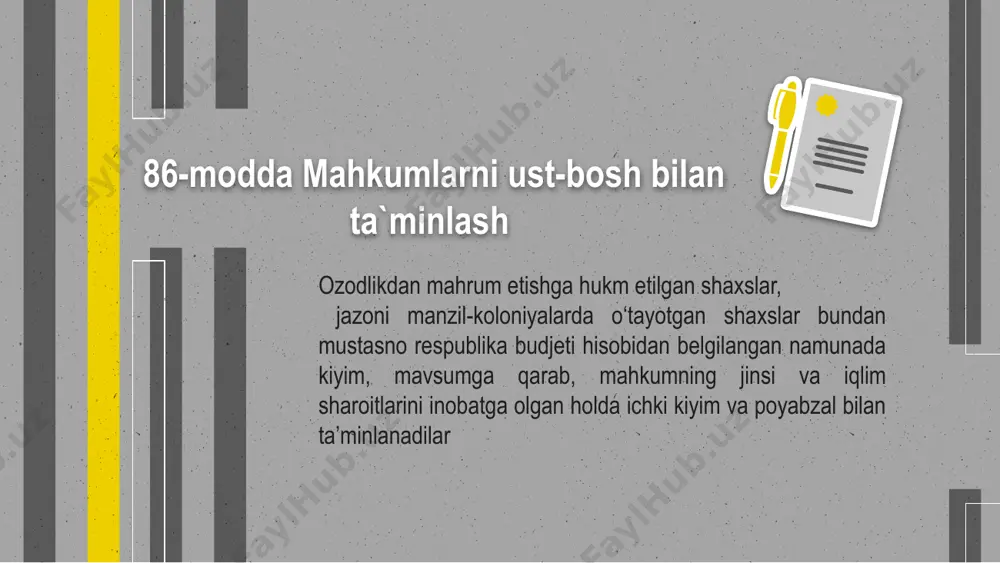 tadbirlarini ishlab chiqish va amalga oshirishlardan iboratdir. jazoni ijro etish muassasa ma’muriyat tarkibida maxsus tibbiy xizmat bo‘limlari tashkil etiladi tibbiy markazlar, shifoxonalar, tibbiy ro‘yxatga olingan tuberkulyoz, i va ii guruh nogironlari uchun qisqa muddatli maxsus koloniyalar tashkil etilgan. yuqumli kasalliklar, tanosil va orttirilgan immunitet tanqisligi kasalligi, giyohvandlik yoki alkogolizmga chalinganlarni saqlash va davolash uchun maxsus tibbiy muassasa tashkil etiladi tanosil kasalliklariga chalingan mahkumlar davolanish jarayonida koloniyaning tibbiy bo‘limlarida boshqa mahkumlar bilan birga saqlanadilar. ozodlikdan mahrum qilingan mahkumlar uchun tibbiy-sanitariya xizmatlari davlat hisobidan amalga oshiriladi. mahkumlarga ko‘rsatiladigan tibbiy xizmat o‘z hisob varaqlaridagi mablag‘ hisobiga amalga oshiriladi e’tiboringiz uchun tashakkur! image1.png image2.png image3.jpg