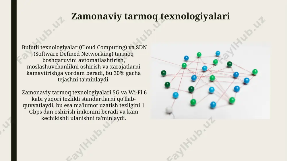a afzalliklari tarmoqlarning rivojlanish yo'nalishlaridan biri – 5g va 6g texnologiyalarining joriy etilishi bo'lib, ular yuqori tezlik va past kechikishni ta'minlaydi, bu esa real vaqt rejimida ma'lumotlar uzatish imkonini beradi. bulutli texnologiyalar va sdn (software defined networking) yondashuvlari tarmoqlarni boshqarishni soddalashtiradi, avtomatlashtiradi va 80% gacha operatsion xarajatlarni kamaytiradi. tarmoqni optimallashtirish tarmoq xavfsizligini ta'minlash uchun, firewall va intrusion detection/prevention tizimlarini qo'llash orqali, kiberxavf tahdidlaridan 80% gacha himoya qilish mumkin, bu esa tarmoq ishlashini yaxshilaydi. tarmoqdagi kechikishlarni (latency) kamaytirish uchun, masalan, cdn (content delivery network) texnologiyalaridan foydalanish orqali, veb-sahifalar yuklanish tezligini 30% gacha oshirish mumkin. tarmoq xavfsizligi tarmoq xavfsizligini ta'minlashda, kamida 2 omilni tekshirish kerak: firewall devorlari va antivirus dasturlarini muntazam yangilash. bu siber hujumlarning 80% ini oldini olishga yordam beradi. zaif joylarni aniqlash uchun tarmoqni muntazam skanerlash va penetratsion testlar o'tkazish muhim. bu cve raqamlari orqali aniqlangan zaifliklarni bartaraf etishga yordam beradi. e'tiboringiz uchun rahmat @taqdimot_robot image1.jpg image2.jpg image3.jpg image4.jpg image5.jpg …