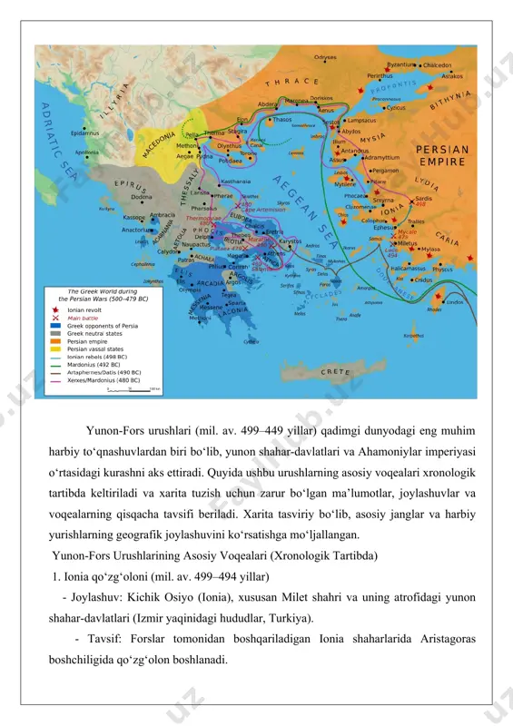 fes, samos oroli va lade jang maydonini belgilash. 2. forslarning birinchi yurishi (mil. av. 492 yil) - joylashuv: frakiya va makedoniya (shimoliy yunoniston va bolqon yarim oroli). - tavsif: fors sarkardasi mardoniy boshchiligidagi birinchi yurish frakiyani qayta bosib olishga qaratilgan edi, lekin afon burni yaqinidagi dengiz bo‘roni flotni yo‘q qildi, natijada yurish muvaffaqiyatsiz yakunlandi. - tarixiy ahamiyati: forslarning bolqon yunonistoniga birinchi tashabbusi muvaffaqiyatsiz bo‘ldi, ammo keyingi yurishlarga zamin yaratdi. - xaritada ko‘rsatish: frakiya, afon burni va makedoniyani belgilash. 3. marafon jangi (mil. av. 490 yil, sentyabr) - joylashuv: marafon tekisligi, attika (afina yaqinida, yunoniston). - tavsif: fors sarkardalari datis va artafern boshchiligidagi ikkinchi yurish eretriya shahrini yo‘q qiladi, so‘ng afina yaqinidagi marafon tekisligida jang bo‘lib o‘tadi. afinaliklar miltiad boshchiligida forslar ustidan g‘alaba qozonadi. - tarixiy ahamiyati: marafon jangi yunonlarning birinchi yirik g‘alabasi bo‘lib, afina demokratiyasining mustahkamlanishiga xizmat qildi. - xaritada ko‘rsatish: marafon, afina va eretriya shahrini belgilash; forslarning dengiz yo‘nalishini …