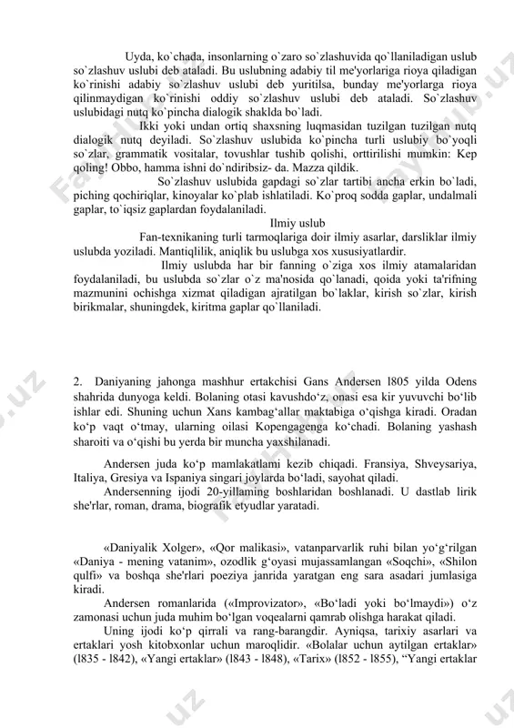 lar uslubiy betaraf so`zlar hisoblanadi: suv, tog`, bola, xat. bu so`zlar ko`chma ma'noda qo`llansa, ma'lum bir uslubga tegishli bo`ishi mumkin. nutq uslublari: 1.so`zlashuv uslubi uyda, ko`chada, insonlarning o`zaro so`zlashuvida qo`llaniladigan uslub so`zlashuv uslubi deb ataladi. bu uslubning adabiy til me'yorlariga rioya qiladigan ko`rinishi adabiy so`zlashuv uslubi deb yuritilsa, bunday me'yorlarga rioya qilinmaydigan ko`rinishi oddiy so`zlashuv uslubi deb ataladi. so`zlashuv uslubidagi nutq ko`pincha dialogik shaklda bo`ladi. ikki yoki undan ortiq shaxsning luqmasidan tuzilgan tuzilgan nutq dialogik nutq deyiladi. so`zlashuv uslubida ko`pincha turli uslubiy bo`yoqli so`zlar, grammatik vositalar, tovushlar tushib qolishi, orttirilishi mumkin: kep qoling! obbo, hamma ishni do`ndiribsiz- da. mazza qildik. so`zlashuv uslubida gapdagi so`zlar tartibi ancha erkin bo`ladi, piching qochiriqlar, kinoyalar ko`plab ishlatiladi. ko`proq sodda gaplar, undalmali gaplar, to`iqsiz gaplardan foydalaniladi. ilmiy uslub fan-texnikaning turli tarmoqlariga doir ilmiy asarlar, darsliklar ilmiy uslubda yoziladi. mantiqlilik, aniqlik bu uslubga xos xususiyatlardir. ilmiy uslubda har bir fanning o`ziga xos ilmiy atamalaridan foydalaniladi, bu …