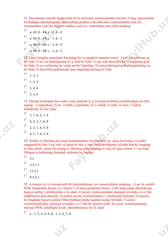 pashshasida tana rangining kulrang bo`lishi. 1, 2, 5 1, 3, 4 3, 4, 6 2, 5, 6 начало формы конец формы 13 quyida keltirilgan hayvonlar oziq zanjirida to`g`ri ketma-ketlikda joylashtirilgan javobni toping. 1) tipratikan; 2) ari; 3) butli o`rgimchak; 4) o`simlik; 5) tulki; 6) ilon; 7) ildam kaltakesak; 8) cho`chqa 3, 7, 6, 5, 1, 8 4, 2, 3, 7, 6, 8 2, 3, 1, 6, 5, 8 4, 1, 7, 6, 5, 8 начало формы конец формы 14 xoldor to`tilarning pat rangi komplementar irsiylanishda oq, sariq, havorang va yashil ranglarda bo`ladi. urg`ochi va erkak to`tilar o`zaro chatishtirilganda avlodda barcha rangdagi to`tilar olindi, ammo havorang to`tilarning sariq rangdagi to`tiga bo`lgan nisbati 3:1 ga teng. olingan avlodlarning fenotipik nisbatini ko`rsating. 3:1 3:3:1:1 12:3:1 9:3:3:1 начало формы конец формы 15 avtonom (a) va transmissibl (b) plazmidalarga xos xususiyatlarni aniqlang. 1) qo`sh zanjirli dnk halqasidan iborat; 2) o`rtacha 3-10 dona genlardan iborat; 3) …