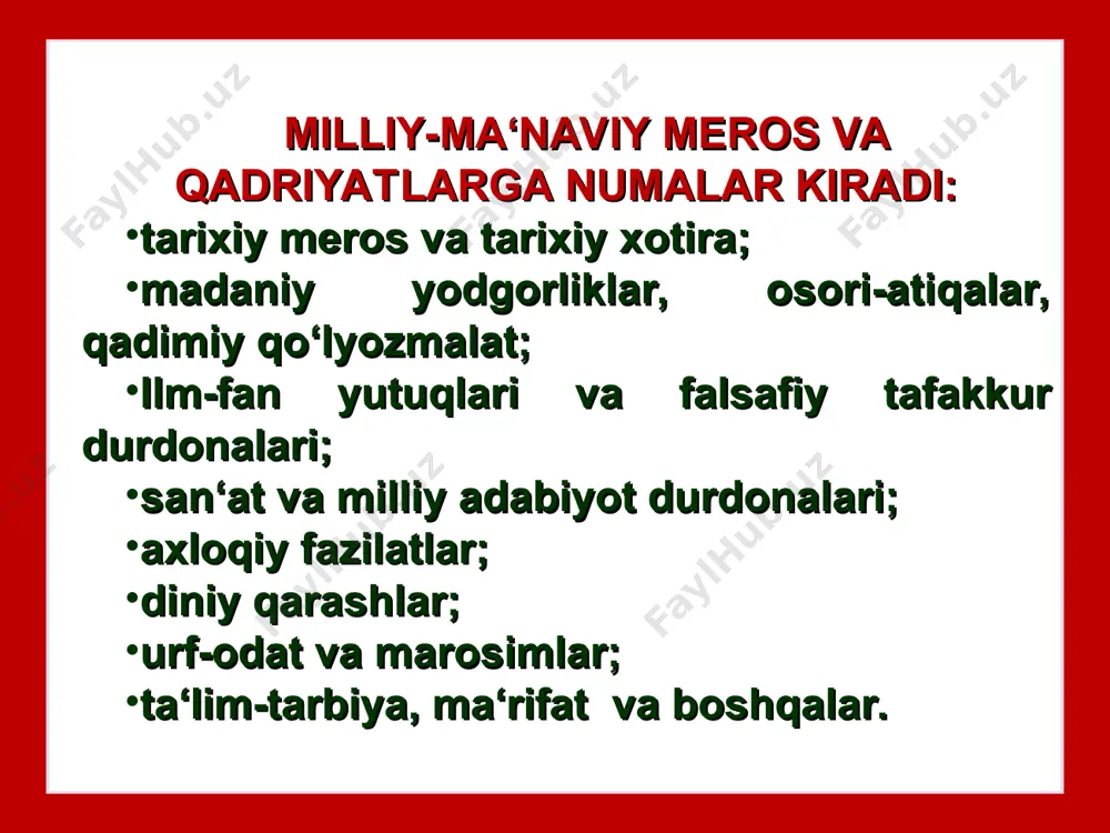 nsof-diyonatli, halollik, rostgo‘ylik, poklik va odob-axloqqa ega bo‘lgan insondir. bugungi kunda yuksak kamolotga erishgan insonni tarbiyalash bazifasi qo‘yilayotgani bejiz emas. o‘z haq-huquqini taniydigan, o‘z kuchi va imkoniyatiga tayanib ish tutadigan, etrofida sodir bo‘layotgan voqea-hodisalarga befarq bo‘lmagan, shaxsiy manfaatlari bilan xalq manfaatlarini uyg‘un ko‘radigan insonni tarbiyalash muhim vazifadir. ma‘naviy inqirozdan chiqish 2. mustamlakachilik yillarida madaniy boyliklar – kitoblar, qimmatli yodgorliklar mustamlakachilar tomonidan talandi, ular rus generallari, olim niqobidagi shaxslar tomonidan snakt-peterburgga, moskvaga va dunyoning ko‘pgina mamlakatlariga olib ketildi. ma‘naviy-madaniy tiklanish 1. o‘zbekiston mustaqillikka erishganidan keyin o‘tgan yillar davomida ma‘naviy sohada yuz bergan o‘zgarishlarning eng muhimi xalqimizning uzoq yillar maboynida to‘plagan boy tarixiy-madaniy merosiga e‘tiborning kuchayishi bo‘ldi. 3. ularni qaytarib olib kelish, nashr etish boshlandi. 1992-yilda pirimqul qodirovning bobur va boburiylar haqida hikoya qiluvchi “yulduzli tunlar” romani e‘lon qilindi. “temur tuzuklari” nashr etildi (1992-y.). 4. mamlakatimizda ma‘naviy merosni tiklash boshlandi. 1991-yilda alisher navoiy tavalludining 550 yilligi nishonlandi. bunga katta tayyorgarlik ko‘rildi. shoit …