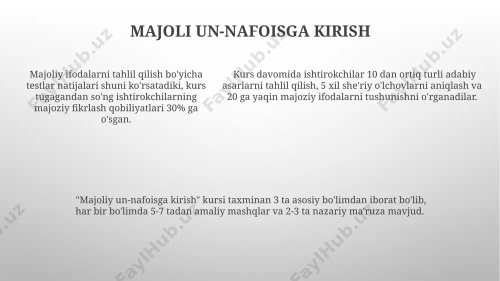 z ichiga olgan qisqa insho yozish talab qilingan. majoliy nutqning 2-3 sessiyasi davomida 5 dan ortiq turli majoziy ifodalarni tahlil qilish va ularning kontekstdagi ma’nolarini aniqlashga oid amaliy mashqlar o'tkazildi. nazariy asoslar majoliy un-nafois nazariyasi 2 ta asosiy qismga bo'linadi: lug'aviy va stilistik tahlil, ularning har biri taxminan 7 ta nazariy tushunchaga asoslangan. uslubiy jihatdan 4 ta asosiy usul qo'llaniladi, bu usullar 10 dan ortiq misollarda amalda ko'rsatilib, talabalarga grammatika va mantiq qoidalarini chuqur tushunish imkonini beradi. nazariy asoslar bo'yicha 3 ta asosiy modullar mavjud bo'lib, ularning har biri kamida 5 ta mustaqil mavzuni o'z ichiga oladi va jami 15 ta amaliy mashg'ulotni nazarda tutadi. amaliy ko'nikmalar amaliy ko'nikmalarni rivojlantirishda 2-3 ta mashg'ulot davomida o'quvchilar 5-7 ta yangi texnikalarni o'rganib, kamida 3 ta amaliy topshiriqni bajaradilar. majoliy un-nafoisda amaliy ko'nikmalarni shakllantirish 80% amaliy mashqlar va 20% nazariy bilimlarga asoslanadi, bu esa 100% samaradorlikni ta'minlaydi. har bir mashg'ulotda kamida 2 ta …