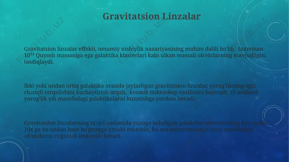 oskoplar yordamida 100 million yoritgichli galaktikalar klasterlarini o'rganish va qorong'u energiya ta'sirini aniqlashga qaratilgan bo'ladi. katta miqyosdagi tuzilmalarning kelib chiqishini tushunish uchun, qorong'u modda va qorong'u energiyaning xususiyatlarini aniqlashga qaratilgan 5 yillik keng ko'lamli simulyatsiyalar rejalashtirilgan. galaktika to'dalari toʻdalarning markazida juda katta massali galaktikalar joylashgan boʻlib, ularning atrofida kichikroq galaktikalar orbitada harakatlanadi, gravitatsion ta'sir oʻtkazadi. toʻdalarni bir-biriga bogʻlovchi materiya, asosan, qorongʻu moddadan tashkil topgan boʻlib, uning massasi koʻrinadigan moddadan ancha yuqori. galaktikalar toʻdalari oʻrtacha 50 dan 1000 gacha galaktikalarni oʻz ichiga oladi va diametri 10 million yorugʻlik yiliga yetishi mumkin. bo'shliqlar bo'shliqlarning o'lchami o'nlab megaparseklarga yetishi mumkin, bu esa ularning kosmik masofalar bo'yicha juda katta ekanligini ko'rsatadi. katta miqyosli tuzilmalarning paydo bo'lishida bo'shliqlarning gravitatsion ta'siri muhim rol o'ynaydi, ular galaktika klasterlarini ajratib turadi. bo'shliqlarning o'rtacha zichligi taxminan 10⁻²⁷ kg/m³ ni tashkil etadi, bu vakuumdan bir necha kattalik tartibi bilan kamroqdir. qorong'u modda va energiya qorongʻu modda va energiyaning birgalikdagi taʼsiri …