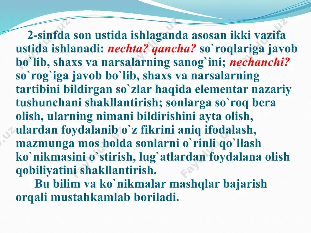 ri esa jo`n. ular 0 dan 9 gacha bo`lgan sonlar asosida yoziladi. ko`rgazmalardagi yozuvlar o`qitiladi. v. yangi mavzuni mustahkamlash: darslik bilan ishlash. 327-mashq. mashq sharti va matni o`qitiladi. matn yuzasidan suhbat. suhbarda quyidagi savollardan foydalaniladi: - matndan nimalarni bilib oldingiz? - hisob amallari deganda qaysi fan tushuniladi? - muhammad ibn muso qanday ishlari bilan jahonga tanilgan? - matn necha gapdan tuzilgan? - uchinchi gapdagi son qaysi so`zga bog`langanini so`roq berish yo`li bilan aniqlang. (necha? raqami – bir raqami, ikki raqami,… raqam so`zi bilan bog`langan.) - to`qqiz so`zining aytilishi va yozilishida farq bormi? (to`qqiz sonini 5ta tovush bilan aytamiz, 6ta harf bilan yozamiz.) - matnda to`qqiz so`ziga o`xshash yonma-yon kelgan bir xil undoshli sonlar bormi? (ikki, yeti, sakkiz) - matnda yana qaysi son bor? qaysi so`zga bog`langan? o`quvchilar bir-biriga matn yuzasidan so`roq beradilar: 1. ilgari xalqlar hisob amallarini qanday bajarar edilar? hindlar sonni nima bilan ifoda etganlar? 2. hindlarda nechagacha sanoq …