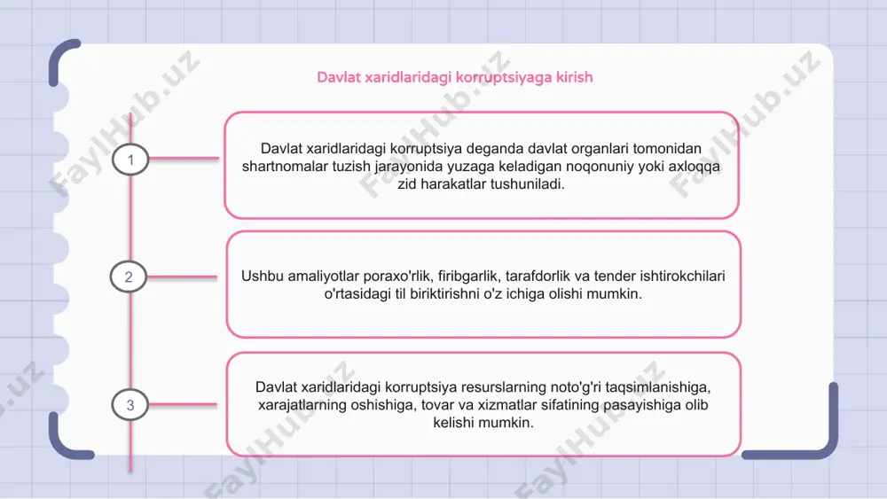 gan va korruptsion amaliyotlarning oldini oluvchi qat'iy tartib va ​​ko'rsatmalarni belgilaydi. davlat xaridlaridagi korruptsiyani bartaraf etish bo'yicha xalqaro harakatlar davlat xaridlaridagi korruptsiya butun dunyoda muhim muammo bo'lib, davlat resurslarining samarasizligi va noto'g'ri taqsimlanishiga olib keladi. ushbu muammoni hal qilish uchun korruptsiyaga qarshi choralarni amalga oshirish, shaffoflik va javobgarlikni rag'batlantirish kabi turli xalqaro sa'y-harakatlar amalga oshirildi. bu sa’y-harakatlar davlat xaridlari jarayoniga bo‘lgan ishonchni oshirish hamda uning adolatli, raqobatbardosh va korruptsiyadan xoli bo‘lishini ta’minlashga qaratilgan. davlat xaridlaridagi korruptsiyaga oid misollar davlat xaridlaridagi korruptsiya katta global muammoga aylanib, yuqori xarajatlar va xizmatlar sifatining pastligiga olib keldi. ko‘plab amaliy tadqiqotlar davlat xaridlaridagi korruptsiya, jumladan, tenderlarda soxtalashtirish, poraxo‘rlik va qarindosh-urug‘chilik holatlarini ko‘rsatdi. ushbu amaliy tadqiqotlar korrupsiyaga qarshi kurash choralarini kuchaytirish va davlat xaridlari jarayonida shaffoflikni oshirish zarurligini ta’kidlaydi. 1 2 3 davlat xaridlarida korruptsiyaning oldini olishda hukumatning roli davlat xaridlaridagi korruptsiya davlat xarajatlarining samaradorligi va shaffofligiga ta'sir qiluvchi muhim muammodir. hukumat mustahkam me’yoriy-huquqiy baza va …