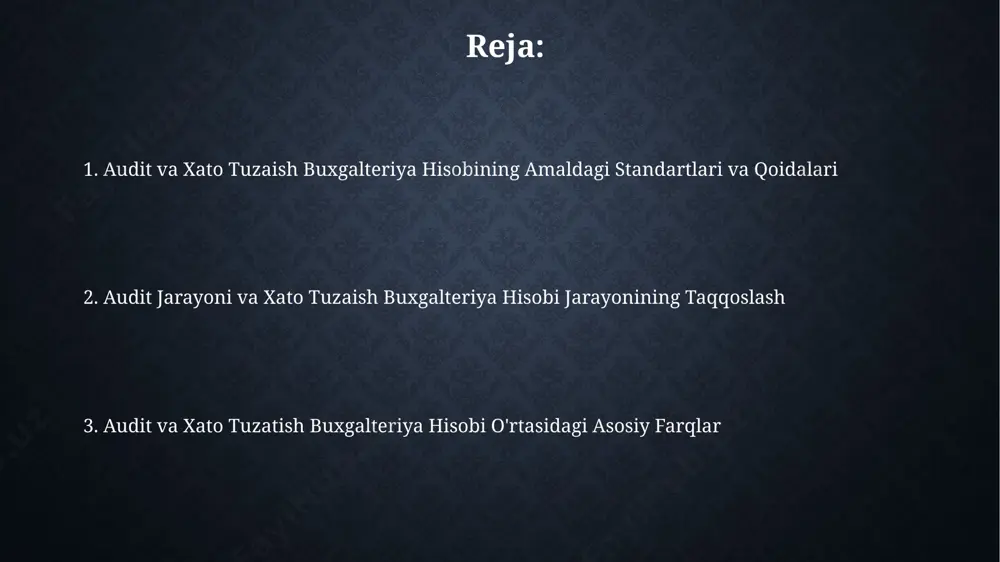 iyaviy hisobotlaridagi xatolarni aniqlash va tuzatishga qaratilgan. ushbu hisob, kamida 50 ta xodimli korxonalar uchun majburiy bo'lib, 3 yilgacha bo'lgan davr ichidagi moliyaviy ma'lumotlarni tahlil qilishni o'z ichiga oladi. audit jarayonining bosqichlari audit jarayonining dastlabki bosqichi mijoz bilan shartnoma tuzish va auditning doirasini, muddatini va xarajatlarini aniqlashni o'z ichiga oladi, masalan, toshkentdagi katta korxona uchun 3 oylik audit. auditning yakuniy bosqichi audit hisobotini tayyorlash va mijozga taqdim etishdan iborat bo'lib, unda aniqlangan kamchiliklar va tavsiyalar 5-bobda batafsil bayon etiladi. xato tuzatish buxgalteriya hisobi jarayoni xato tuzatish buxgalteriya hisobi jarayoni, o'zbekiston respublikasi buxgalteriya hisobi standartlariga muvofiq, 100 dan ortiq operatsiyalarni o'z ichiga olgan murakkab hisobot davrida xatolarni aniqlash va tuzatishni o'z ichiga oladi. xato tuzatish buxgalteriya hisobi jarayoni, 2023 yil 1-iyuldan kuchga kirgan yangi qonunchilikka asosan, hujjatlarning to'liqligi va ishonchliligini ta'minlash uchun majburiy hisoblanadi. audit va xato tuzatish buxgalteriya hisobi o'rtasidagi asosiy farqlar audit natijalarida umumlashtirilgan fikr beriladi, bu esa kompaniyaning …