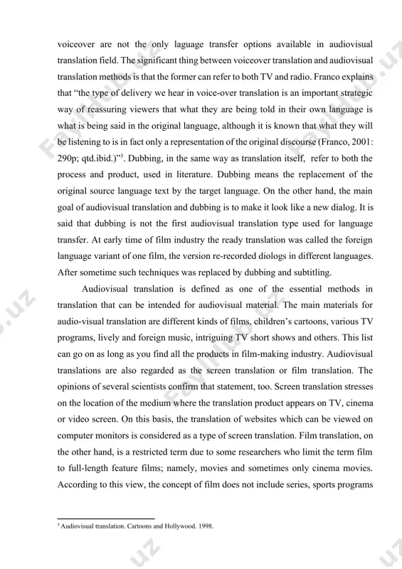 lacement means that the original spoken dialog is still audible in the background and is now given the voiceover. also, there are general translation ways of audiovisual translation, dubbing, subtitling and voiceover are not the only laguage transfer options available in audiovisual translation field. the significant thing between voiceover translation and audiovisual translation methods is that the former can refer to both tv and radio. franco explains that “the type of delivery we hear in voice-over translation is an important strategic way of reassuring viewers that what they are being told in their own language is what is being said in the original language, although it is known that what they will be listening to is in fact only a representation of the original discourse (franco, 2001: 290p; qtd.ibid.)”[footnoteref:3]. dubbing, in the same way as translation itself, refer to both the process and product, used in literature. dubbing means the …
