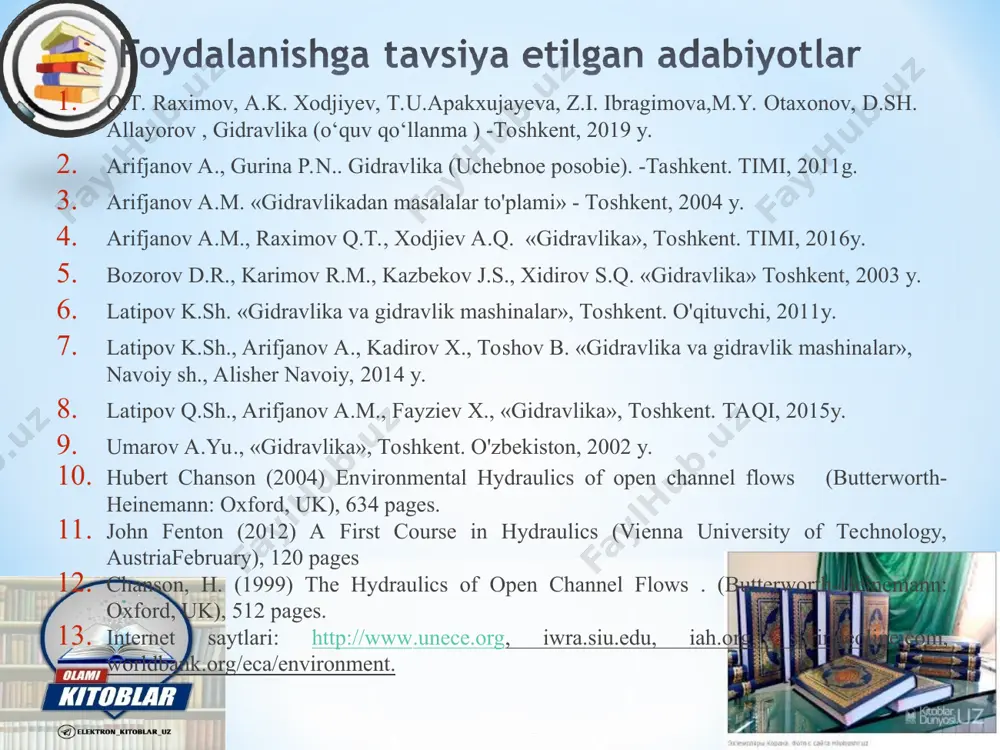 ga aloqador ilmiy ishlardan birinсhisi arximedning "suzib yuruvсhi jismlar haqida" asari yozilgan. su­yuqliklarning tinch xolati va harakat paytidagi xolatlari qonunlarini o’rganib, suyuqlik xarakatining differensial tenglamalarini ishlab chiqqan. osborne reynoldsning tadqiqotlari asosan mexanika, issiqlik uzatish, elektr energiyasi, magnetizm, astrofizikaga bag'ishlangan, ammo uning asosiy ishi turbulentlik nazariyasi, yopishqoq suyuqlik oqimining dinamik o'xshashligi nazariyasi va moylash nazariyasi bilan bog'liq. bernulli qonuni statsionar suyuqlik oqimining tezligi va uning bosimi o'rtasidagi bog'liqlikni o'rnatadi. ushbu qonunga ko'ra, agar suyuqlik bosimi oqim chizig'i bo'ylab oshsa, u holda oqim tezligi pasayadi va aksincha. leonard eyler leonhard euler 1707-1783 osborn reynol’ds osborne reynolds, 1842–1912 gidravlika sohasidagi birinchi ilmiy asar qadimgi yunon matematigi va mexanigi arximed (tax. eramizdan avvalgi 387 — 212-y.)ning «suzuvchi jismlar haqida» risolasi — traktati eramizdan avval 250 yil muqaddam vozilgan. arximedning suyuqlikka botirilgan jismning muvozanati qonuni keyinchalik kemalarning suzishi va ularning turg‘unligi haqidagi nazariya asosini tashkil etadi. gidravlika, keyinchalik xiv—xvii asrlarda taraqqiy etdi. italiyalik buyuk olim …