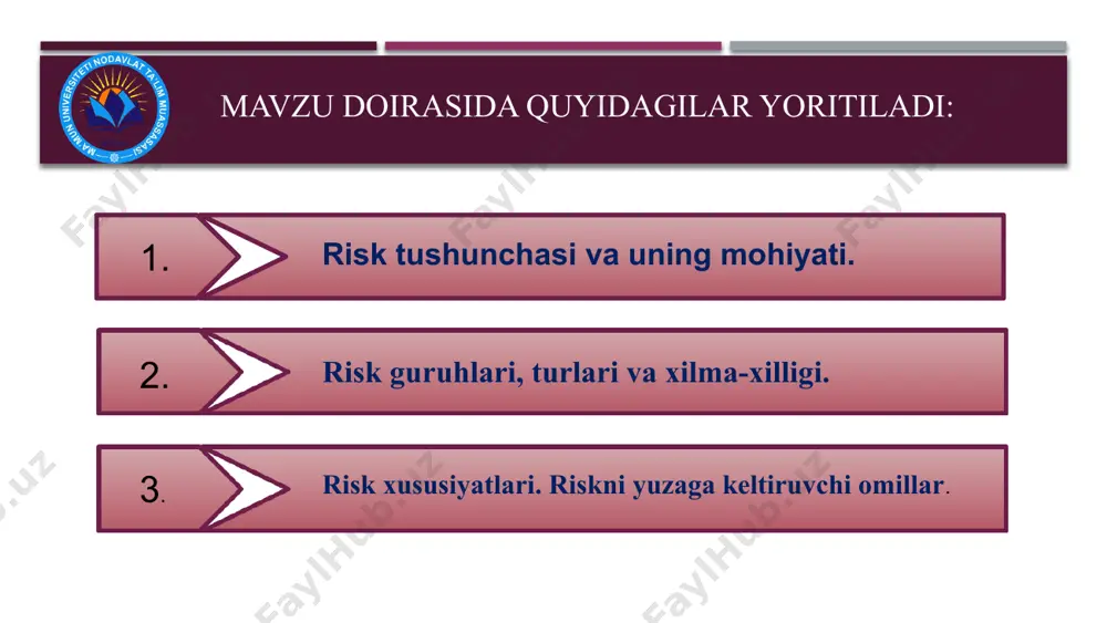 yoniga xos bo‘lgan umidsizlik yoki ko‘p mablag‘larning yo‘qotilishi va shu bilan birga ortib ketishi ehtimolliklari bo‘lib, u qandaydir holatlar, omillar ta'sirida kutiladigan foydaning pasayishi, ortishi yoki yo‘qotilish ehtimolida namoyon bo‘ladi. risk funksiyalari himoyalovchi kerak bo‘lmagan oqibat va yo‘qotishlarni oldini olish maqsadida risk bo‘yicha izlanishlar jarayonida vujudga keladi. konstruktiv regulyativ funksiya risk iqtisodiy rivojlanishni kuchaytiruvchi va qo‘zg‘atuvchi omil destruktiv regulyativ funksiya ko‘pincha korxonalarni o‘z mablag‘laridan mahrum etib,ularning sonini kamayishiga olib keladi. regulyativ himoyalovchi risk turlari va tasnifi. operatsion tadbirkorlik riski moliyaviy risk tashqi muhit bilan bog’liq risklar reputatsion risk risk turlari -strategiya risk -ishlab chiqarish risk -tijorat riski; operatsional risk:biznesning davomiyligi; ta’minot; sogliqni saqlash ijtimoiy muhofaza -siyosiy risk; -iqtisodiy risk; -ijtimoiy risk; -texnologik risk. -pul oqimlari riski; -kredit riski; -likvidlik riski; -foiz riski; -valyuta riski risk darajalari medium high low low medium high likelihood intensive management requires monitoring and management close monitoring required management required management recommended risk may be accepted, …