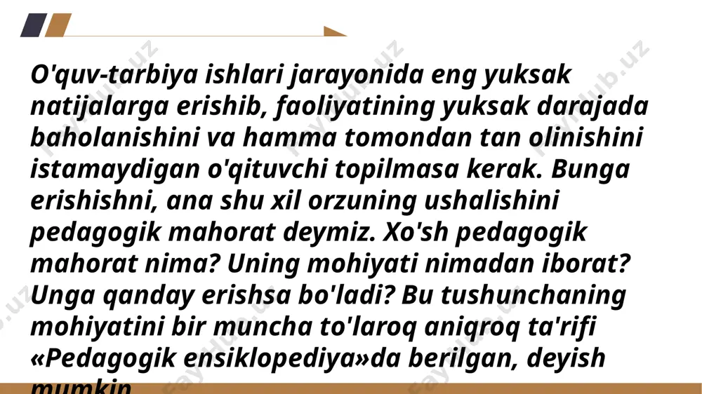 i o'ziga xos kamchiliklarni aniqlashga imkon beradi: yosh o'qituvchilar o'quvchilar, ota-onalar bilan bemalol, «yurakdan» gaplashishga qiynaladilar. ular o'zlarini yo o'ta talabchan, yoki o'ta bo'sh tutadilar. o'qituvchi faoliyatida pedagogik qobiliyat pedgogik mahorat egasi oz mehnat sarf qilib, katta natijaga erishadi. qobiliyat faoliyat jarayonida paydo bo'ladi va rivojlanadi, qobiliyatni rivojlaitirsh uchun esa layoqat, zehn, iste'dod, ya'ni inson nerv tizimida anatomo-fiziologik xususiyat bo'lishi ham zarur. o'qituvchining ba'zi psixik jarayonlari unda shaxsga xos sifatlarining shunday komplekskni tashkil qiladiki, buni pedagogik qobiliyat deb atash mumkin perseptiv qobiliyat - idrok jarayonining asosiy tuzilishi birinchi bo'lib, bu idrok ob'ektlarini bilib olish va uni xotira obrazlari bilan solishtirishdan iboratdir. bu qobiliyat o'qituvchining o'quvchilar ko'z qarashlari va yuz ifodalariga qarab ularning ichki dunyosini ko'ra olishida namoyon bo'ladi. pedagogik qobiliyatlar faqat pedagogik faoliyat samarali bo'lishinnng shartigina emas, balki ko'p jihatdan o'qituvchining muvaffaqiyatli ishlashining natijasi hamdir. shu munosabat bilan o'qituvchining o'zida pedagogik qobiliyatlarniig aniq maqsadini ko'zlab tarkib topish va rivojlanishi katta …