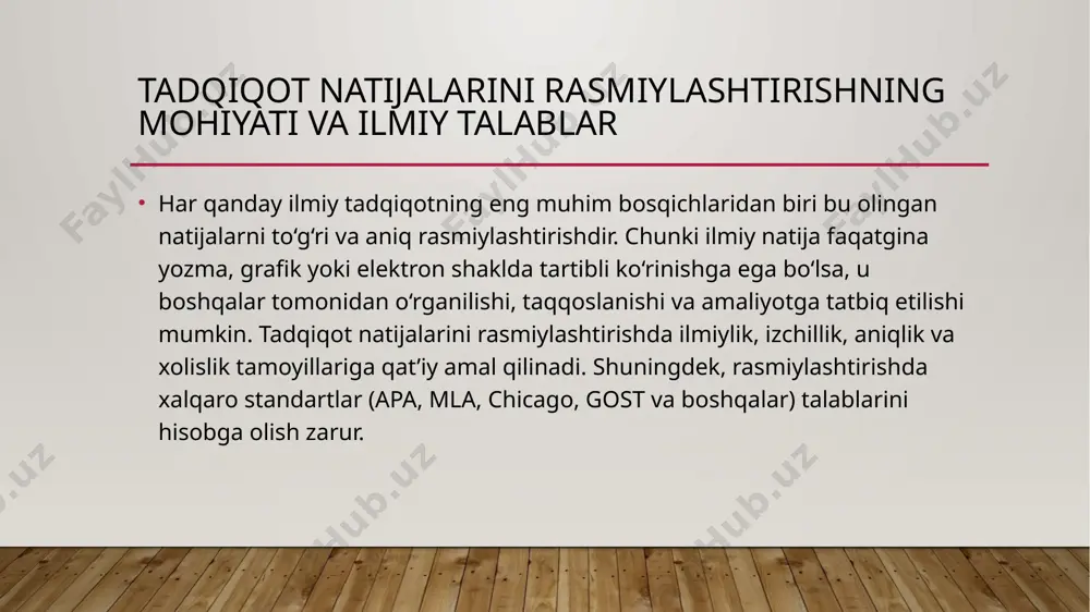 lmiy faoliyatning ajralmas bosqichi bo‘lib, olingan ilmiy yutuqlarni tizimlashtirish, taqqoslash va keng ilmiy hamjamiyatga yetkazish imkonini beradi. to‘g‘ri rasmiylashtirilgan natijalar nafaqat tadqiqotchi uchun, balki boshqa olimlar, mutaxassislar va amaliyotchilar uchun ham foydali manba vazifasini bajaradi. rasmiylashtirish jarayonida matn, jadval, grafik va diagrammalardan oqilona foydalanish ilmiy ishning sifatini oshiradi, uni tushunarli va vizual jihatdan qulay qiladi. shu bilan birga, ilmiy ishning turi (maqola, kurs ishi, dissertatsiya va h.k.)ga qarab o‘ziga xos talablarga amal qilish zarur. bugungi kunda xalqaro standartlarga mos rasmiylashtirish ilmiy natijalarning dunyo miqyosida tan olinishi va boshqa tadqiqotlar bilan taqqoslanishiga sharoit yaratadi. shu sababli har bir tadqiqotchi o‘z natijalarini ilmiylik, izchillik va aniqlik tamoyillari asosida rasmiylashtirishni o‘z faoliyatining muhim qismi sifatida ko‘rishi lozim. foydalanilgan adabiyotlar ашуров а.а., “илмий тадқиқот методологияси”, – тошкент: фан, 2019. қурбонов ш., “илмий изланишларда методология ва методлар”, – самарқанд: самду нашриёти, 2020. назаров қ., “илмий тадқиқотнинг назарий асослари”, – тошкент: университет, 2018. муминов и., “илмий …