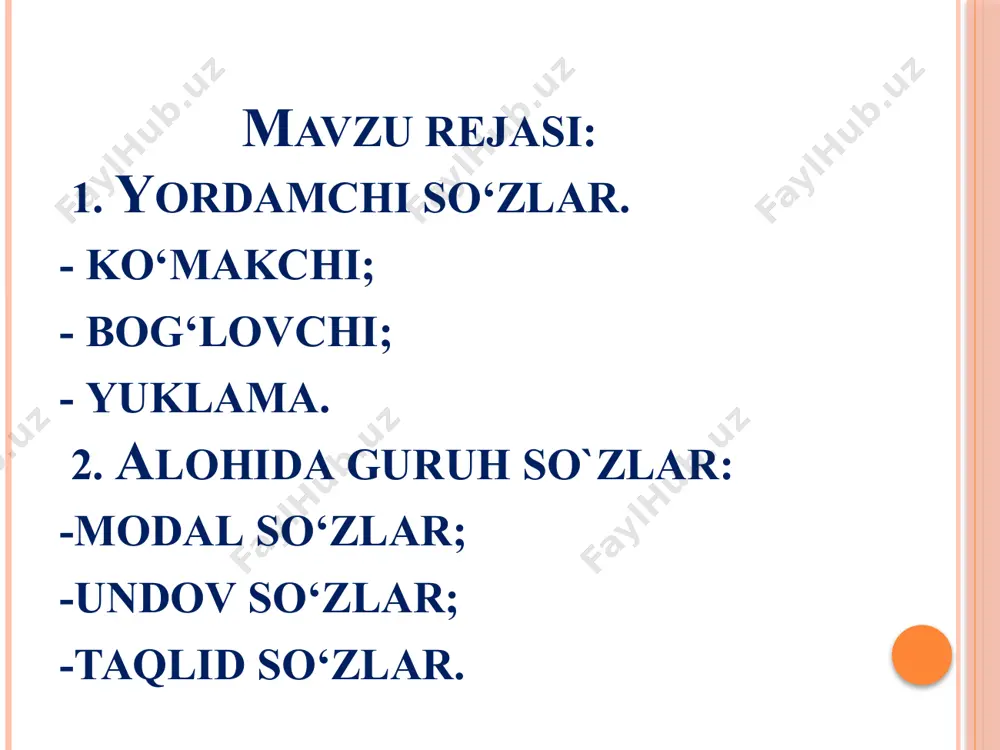 i ravish oldin, avval, keyin, so‘ng, ichida, burun sifatdosh qaraganda harakat nomi o‘xshash ravishdosh bo‘ylab, qarab, ko‘ra, deya, deb, atab, o‘xshab mustaqil so‘z vazifadosh ko‘makchi lug‘aviy ma’nosini saqlagan bo‘ladi. lug‘aviy ma’nosini yo‘qotgan bo‘ladi. devor usti yomg‘rdan iviy boshladi. ot, mustaqil soz‘ (devorning usti bor) kitob ustida uzoq ishladi. vazifadosh ko‘makchi (kitobning ustida ishlab bo‘lmaydi) qoziq ustida qor turmas. ot, mustaqil so‘z. (qoziqning usti bor) gap futbol ustida ketardi. vazifadosh ko‘makchi (futbol ustida gap ketolmaydi) devordan bo‘ylab qaradi. ravishdosh, mustaqil so‘z. (devordan bo‘ylab qarash mumkin) ariq bo‘ylab ketdi. vazifadosh ko‘makchi (ariqdan bo‘ylab qarab bo‘lmaydi) dugonasiga ma’noli qarab gapirdi. ravishdosh, mustaqil so‘z (qarab gapirish mumkin) uyga qarab yurdi. vazifadosh ko‘makchi (uyga qarab yurib bo‘lmaydi) ko‘makchilarning ma’no turlari maqsad ma’nosi sababli, tufayli, uchun yo‘nalish ma’nosi tomon, qarab, sari, bo‘ylab, mavzu ma’nosi haqida, to‘g‘risida o‘xshatish, qiyoslash ma’nosida kabi, singari, yanglig‘ chegara ma’nosi qadar, dovur vosita ma’nosi bilan, orqali ko‘makchilar va qo‘shimchalar sinonimiyasi ko‘makchilar vazifasi …