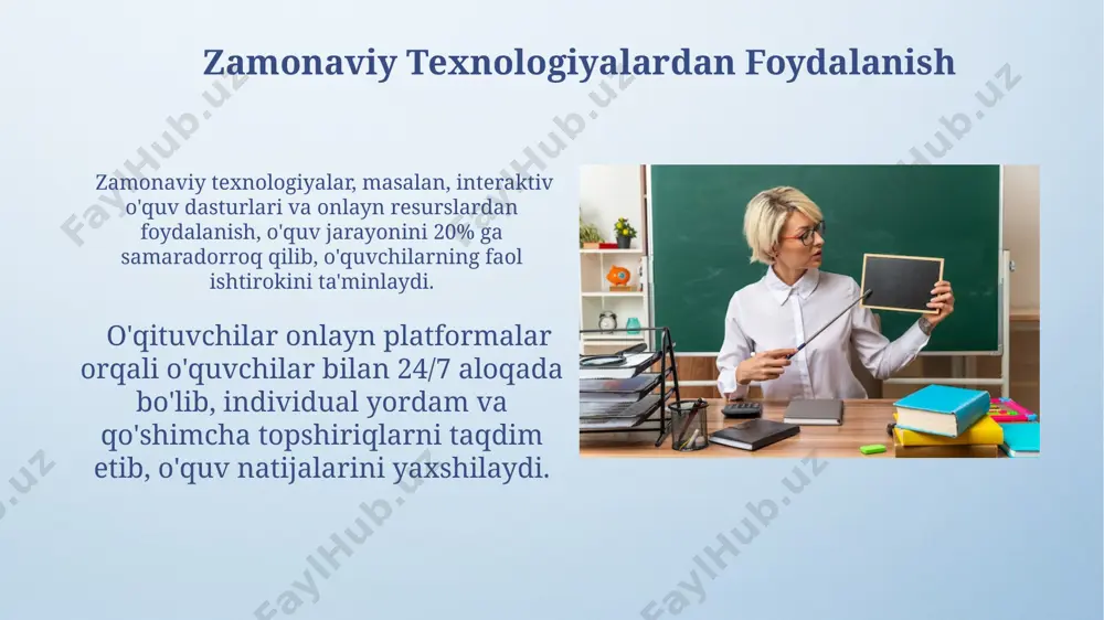 uv dasturini amaliyotga tatbiq etishda ba’zi oʻqituvchilarning 30% dan ortigʻi zamonaviy texnologiyalarni yetarlicha qoʻllay olmaslik muammosiga duch kelmoqda, buning yechimi sifatida oʻqituvchilar uchun maxsus treninglar tashkil etish taklif etiladi. oʻquv jarayonida oʻquvchilarning 15-20% i individual yondashuvga muhtoj boʻlib, ularga qoʻshimcha vaqt va resurslar ajratish kerak, bu esa oʻqituvchilar uchun qoʻshimcha yuk boʻlishi mumkin. buning uchun differensial ta’lim uslublarini qoʻllash tavsiya etiladi. o'quvchilarning individual ehtiyojlarini qondirish har bir o'quvchining bilim darajasi va qobiliyatini aniqlash uchun kamida 5 ta diagnostik testlardan foydalanib, individual ta'lim rejalari tuzish orqali o'quv jarayonini shaxsiylashtirish muhim ahamiyatga ega. kamida 10 nafar o'quvchining har xil o'rganish uslublarini hisobga olgan holda, o'qituvchi turli xil o'quv materiallari va faoliyatlarini, jumladan, amaliy mashg'ulotlarni taklif qilishi kerak. o'qituvchining rolining ahamiyati o'qituvchi ilk qadam davlat o'quv dasturining 1-4 sinflarida qo'llanilishini ta'minlashda muhim vosita bo'lib, darslarning 70% amaliy mashg'ulotlarga qaratiladi. o'qituvchining o'quvchilarda 5 ta asosiy kompetensiyani rivojlantirishdagi roli, ya'ni muloqot, muammo yechish, tanqidiy fikrlash, …