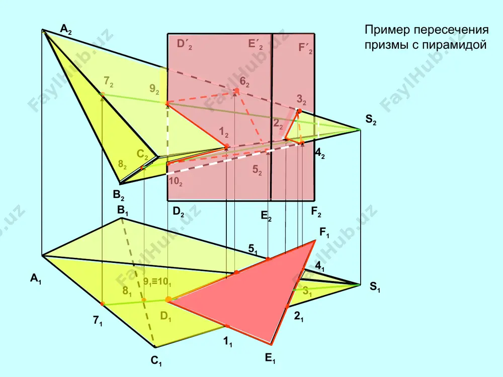 плоскость симметрии; - каждая из поверхностей имеет семейство круговых сечений; - если способ вспомогательных секущих плоскостей не дает простого решения. применение концентрических сфер известно, что если ось поверхности вращения проходит через центр сферы и сфера пересекает эту поверхность, то линия пересечения сферы и поверхности вращения - окружность, плоскость которой перпендикулярна оси поверхности вращения. при этом, если ось поверхности вращения параллельна плоскости проекций, то линия пересечения на эту плоскость проецируется в отрезок прямой линии. это свойство используют для построения линии взаимного пересечения двух поверхностей вращения с помощью вспомогательных сфер. при этом могут быть использованы концентрические и неконцентрические сферы. рассмотрим применение вспомогательных концентрических сфер - сфер с постоянным центром. способ секущих сфер с постоянным центром для построения линии пересечения двух поверхностей применяют при следующих условиях: обе пересекающиеся поверхности - поверхности вращения; оси поверхностей вращения пересекаются; точку пересечения принимают за центр вспомогательных (концентрических) сфер; плоскость, образованная осями поверхностей (плоскость симметрии), должна быть параллельна …