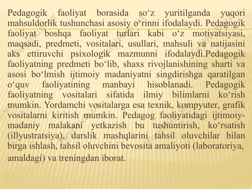 a tarbiya muassasalarining tarbiyachilari kabi qator mutaxassisliklar bo‘yicha o‘qituvchi professiogrammasining taxminiy modelini (namunasini) aniqlab olish imkoniyatini berdi. professiogrammada muhim xislatlarning borgan sari birmuncha ortib borishini hisobga olgan holda o‘qituvchining quyidagi xislatlari ko‘rsatib berilishi lozim: 1. o‘qituvchining shaxsiy xislatlari: bolalarni yaxshi ko‘rish, ularni sevish, aql-farosatlilik, mehnatsevarlik, jamoat ishlarida faollik, kamtarinlik, odamiylik, dilkashlik, uddaburonlik, o‘z bilimini oshirishga intilish. 2. kasbiga xos bilimi: ta’lim va tarbiya jarayoni mohiyati bilan uning maqsad va vazifalarini tushunishi, psixologiya asoslarini, ayniqsa yosh psixologiyasi va pedagogik psixologiya asoslarini bilishi, etnopsixologik bilimlarni egallashi, hozirgi zamon pedagogikasi asoslarini bilishi, hozirgi zamon pedagogikasining metodologik asoslarini egallaganligi, maktab yoshidagi bolalarning psixologik-pedagogik xususiyatlarini tushunishi, o‘z fanini o‘qitish metodikasini bilishi, o‘quvchilarga tarbiyaviy ta’sir etishning samaradorligini bilishi, ota-onalar va jamoatchilik bilan olib boriladigan tarbiyaviy ishlarning mazmunini bilishi. 3. o‘z kasbiga xos xislatlari: o‘qituvchining kuzatuvchanligi, o‘z diqqate’tiborini taqsimlay olishi, pedagogik fantaziya (xayol)ning rivojlanishi, o‘ziga tanqidiy munosabatda bo‘lishi, o‘zini qo‘lga ola bilishi, o‘zini tuta olishi, pedagogik takt, …
