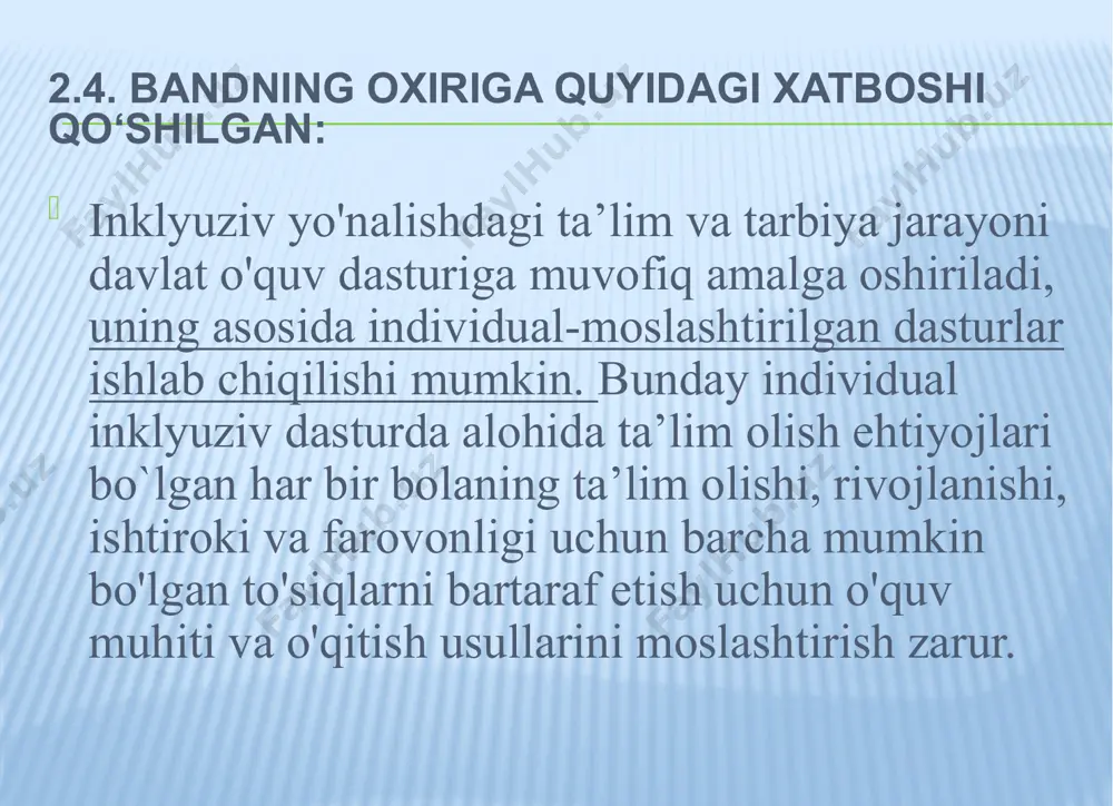 shqarisidagi inventarlarning xilma-xilligi; o'zgartuvchan - ta’lim va tarbiya jarayoni vaziyatiga, shuningdek, bolalarning qiziqishlari va imkoniyatlarining o`zgarishiga qarab rivojlantiruvchi muhitda o'zgarishlar bo'lish imkoniyatini nazarda tutadi; polifunksional - rivojlantiruvchi muhitning turli tarkibiy qismlaridan xilma-xil foydalanish imkoniyati; muqobil - guruhda turli joylar, rivojlanish markazlari, shuningdek, bolalarning erkin tanlovini ta'minlaydigan turli xil materiallar, o'yinlar, o'yinchoqlar va jihozlarning mavjudligi; o'yin materialining muntazam ravishda o’zgartirilishi, bolalarning o'yin, harakat, bilish va tadqiqot faoliyatini rag'batlantiradigan yangi buyum va ashyolarning paydo bo'lishi; hammabop - tarbiyalanuvchilar, shu jumladan, alohida taʼlim olish ehtiyojiga ega boʻlgan bolalar uchun ta’lim va tarbiya jarayonida foydalaniladigan barcha faoliyat turlarini ta'minlaydigan o'yinchoqlar, qo`llanmalar, resurslar bilan ta’minlanganligi; xavfsiz - barcha elementlarni ulardan foydalanishning ishonchliligi va xavfsizligini ta'minlash talablariga muvofiqligini nazarda tutadi; oqilona - davlat o'quv dasturi va davlat talablariga muvofiq zamonaviy rivojlantiriuvchi muhitni yaratish, shuningdek, maktabgacha ta'lim tashkilotining turli ta'lim dasturlarini amalga oshirishni ta'minlash uchun barcha imkoniyatlardan foydalanish; inklyuziv ta'lim tashkil etilgan taqdirda, zarur shart-sharoitlarni ta'minlash; mahalliy …