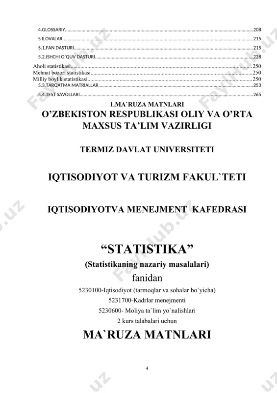 qila boshladi. bundan shunday xulosa chiqarish mumkinki, statistika paydo bo'lishi boshlanayotgan vaqtning o'zida hukmron sinfvakillariga xizmat qilishga chorlangan edi. statistika fan sifatida xvii asrda angliyada paydo bo'lgan. siyosiy arifmetika maktabining namoyondalari jon graunt (1620-1674) va uilyam petti (1623-1687) statistika asoschilari hisoblanadilar. chunki birinchi bo'lib ijtimoiy-iqtisodiy tekshirishlarda statistikani qo'hash fikri u. pettida tug' ilgan edi. u. petti o'z asarlarida ("soliqlar va yig'imlar", 1662-yil.; "donolarga so'z", 1664-yil; "siyosiy arifmetika", 1676-yil) o'z tengdoshlarini qiziqtirgan sotsial va iqtisodiy savollarga miqdoriy hisob-kitoblarga suyangan holdajavob berishga harakat qiladi. u. pettining yaqin do'sti, fabrikant, lord, london shahrining hokimi j.graunt birinchi bo'lib o'lish to'g'risidagi ma'lumotlar jadvalini tuzdi . u tug'ilish masalalarini o'rgandi, birinchi bo'jib o'g'il bolalar va qizlar tllg'ilishi o'rtasidagi doimiy nisbatni ochdi (14112), angliya aholisining sonini (6,5 min. kishi), london ahoiisining soni 460 ming kishi , shulardan qurol olib yuradigani (harbiy xizmatga yaroqlilari) 81 ming kishi ekanligini aniqladi, aholi migratsiyasini o'rgandi . bulardan tashqari, u ommaviy miqdoriy …