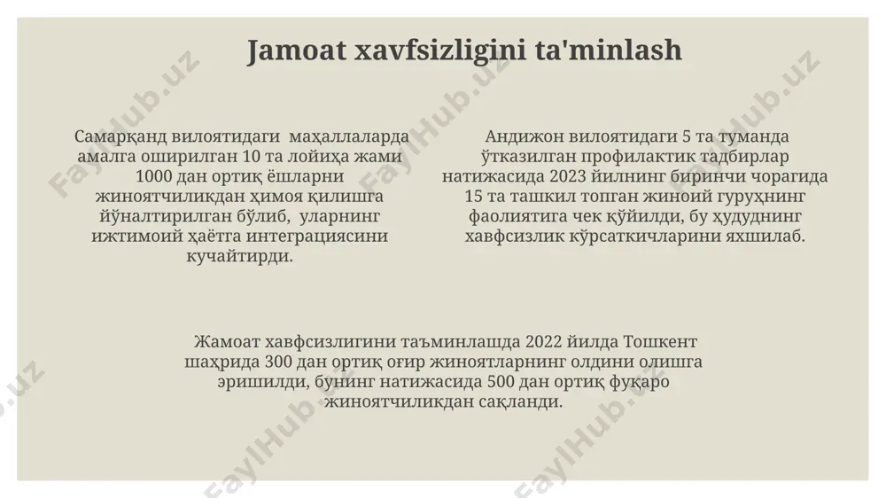 bo'yicha 30% ga ko'proq o'quv kurslari o'tkazildi. chegaralarni nazorat qilish va noqonuniy savdo yo'llarini bartaraf etish uchun 2022-yilda qoraqalpog'iston respublikasida 15 ta yangi texnologiyalar bilan jihozlangan kuzatuv punktlari qurildi. jinoyatchilikning oldini olishning asosiy strategiyasi sifatida 2000-yillardan buyon o'zbekistonda 50 dan ortiq huquqni muhofaza qilish organlari xodimlarini o'qitish dasturlari ishlab chiqildi va amalga oshirildi. jamoatchilik bilan ishlash va xabardorlik самарқанд вилоятидаги 3 та мактабда ўқувчилар учун уюшган жиноятчиликнинг салбий оқибатлари ва унинг олдини олиш чоралари ҳақида 1500 дан ортиқ маълумот тарқатилди. жамоатчилик билан ишлашда 2023 йилда тошкент шаҳрида ўтказилган 5 та йирик тадбирда 10 000 дан ортиқ фуқаро иштирок этиб, уюшган жиноятчиликнинг олдини олиш бўйича муҳим маълумотларни эгаллашди. фергана водийсидаги 7 та туманда 2022-2023 йилларда амалга оширилган профилактика тадбирлари натижасида жиноятчилик даражаси 15% га камайди. noqonuniy giyohvand moddalar savdosini bartaraf etish o'zbekistonning giyohvand moddalarni qonuniylashtirishga qarshi kurash strategiyasi giyohvandlikka moyil bo'lgan 100 mingdan ortiq shaxsni reabilitatsiya qilishni o'z ichiga oladi, bu …