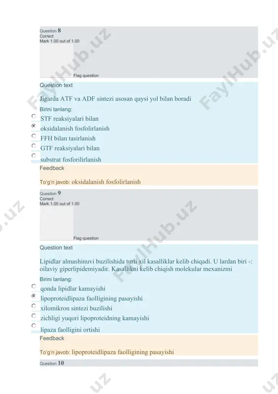 mirlarini toraytiradi feedback to ? g ? ri javoblar: q on tomirlarini toraytiradi , bronxial astmani qo‘ z g‘ aydi , ichak peristaltikasini kuchaytiradi , antidiuretik ta’sir etadi , diurezni kamaytiradi question 2 correct mark 1.00 out of 1.00 flag question question text aminokislotalar umumiy katabolizm yo‘llaridan biri dekarboksillanishdir. /docprops/thumbnail.emf test boshlandi tuesday, 12 january 2021, 3:58 pm state finished yakunlangan tuesday, 12 january 2021, 4:27 pm vaqt o'tdi 29 min 12 soniya ball 18.50/20.00 baho 4.63 out of 5.00 (93%) question 1 incorrect mark 0.00 out of 1.00 flag question question text serotonin fiziologik ta’sirining 5 tomonini ko‘rsating: bir yoki bir nechtasini tanlang: ichakni atoniya qiladi qon bosimini pasaytiradi oshqozonda nsl sintezini oshiradi antidiuretik ta’sir etadi bronxial astmani qo‘zg‘aydi o‘pka mushaklarini bo‘shashtiradi ichak peristaltikasini kuchaytiradi qon tomir mushaklarini bo‘shaytiradi diurezni kamaytiradi qon tomirlarini toraytiradi feedback to?g?ri javoblar: qon tomirlarini toraytiradi, bronxial astmani qo‘zg‘aydi, ichak peristaltikasini kuchaytiradi, antidiuretik ta’sir etadi, …