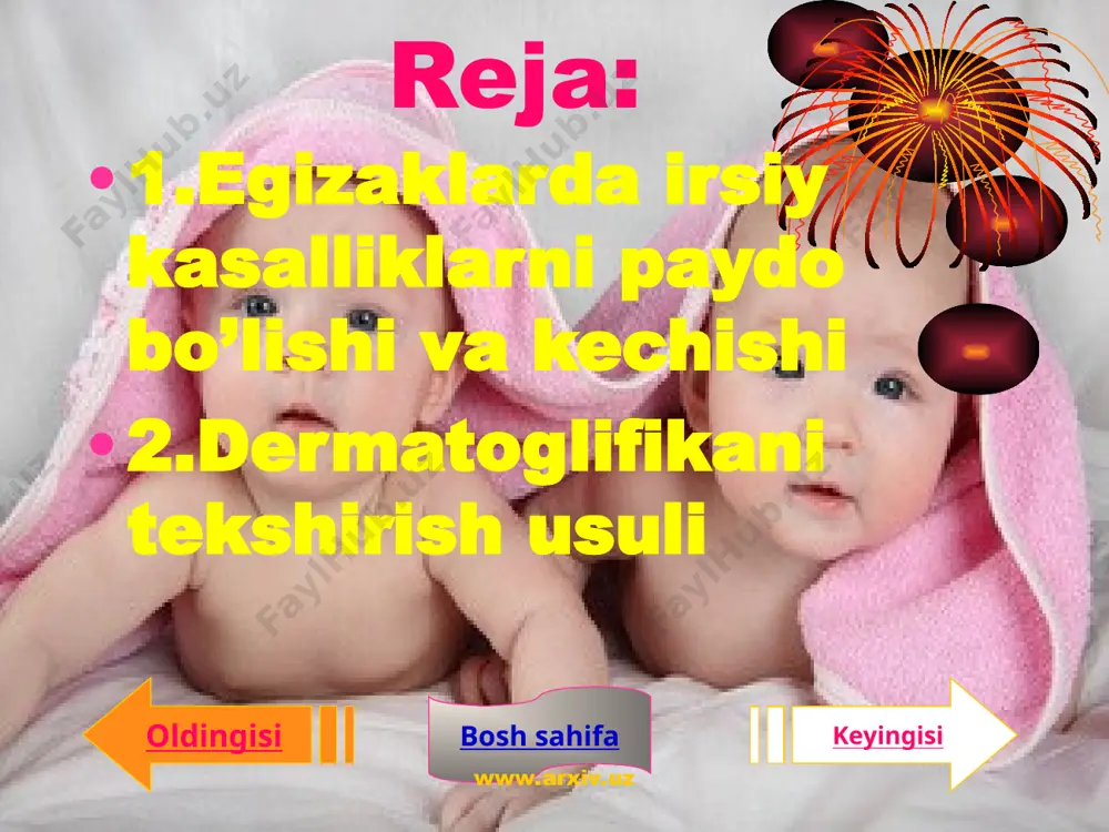 o'ladi. bu holni quyidagi misolda ko'rish mumkin. bir tuxumli egizaklarda shu narsa diqqatga sazovorki, ular ayrim vaqtlarda bir xil kasalliklar bilan baravar og'rishadi. ayniqsa, xuruj bilan paydo bo'lgan kasalliklarda egizaklarning ikki-sida ham bu xuruj bir vaqtda, bir xii ko'rinishda ro'y berishi mumkin. bunga bizning kuzatuvimizda bo'lgan bir tuxumli egizak-lardagi epilepsiya kasalligi bir vaqtda, bab-baravar boshlanib, davolanganlaridan keyin ikkisida ham baravar to'xtadi. keyingisi bosh sahifa oldingisi www.arxiv.uz www.arxiv.uz boshqa mualliflarning kuzatuviga binoan ham bir-biridan uzoq shaharlarda yashovchi bir tuxumli egizaklarda epilepsiya xurujlari bir vaqtda boshlanib, bir vaqtda tugagani qayd qilingan. sankt-peterburgdagi bexterov nomli psixonevrologiya instituti professori g.z. levinning kuzatuvida bir tuxumli, yuz bichimi, gavda tuzilishlari bo'yicha, bir-biriga juda ham o'xshash, opa-singil bo'-lib, ularning qon guruhlari ham bir xil edi. ular har xil sha­harlarda yashasalar-da, bir xil shakldagi allergiya kasalligi bilan og'riganlar, ikkisida ham hayz ko'rish baravar to'xtab, klimaks kasalligi 51 yoshlarida baravar paydo bo'lgan. har ikki opa-singilda 55 yoshida bir kunda …