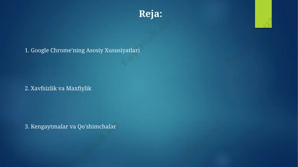 hrome'ning yangi versiyalarida 100 dan ortiq ochilgan sahifalarni boshqarish uchun takomillashtirilgan vositalar mavjud bo'lib, ular samaradorlikni oshiradi. qulaylik va tezlik chrome'ning ko'p jarayonli arxitekturasi bir vaqtning o'zida bir nechta veb-sahifalarni o'zaro bog'liqsiz ishlash imkonini beradi, bu esa umumiy brauzer javob berish tezligini oshiradi. chrome'ning ichki qurilmalarni tezlashtiruvchi texnologiyalari, masalan, preload va prefetch, sahifalarni 20% ga tezroq yuklash imkonini beradi. brauzer sozlamalari chrome'ning avtomatik yangilanish funksiyasi tufayli, siz har doim eng yangi xavfsizlik yangilanishlari va 20 dan ortiq yangi xususiyatlarga ega bo'lasiz. chrome'ning "sozlamalar" bo'limida 100 dan ortiq turli xil sozlamalar mavjud bo'lib, ular foydalanuvchilarga brauzerni o'z ehtiyojlariga moslashtirish imkonini beradi. yuklab olish menejeri yuklab olingan fayllarni to'liq yuklab olinmaguncha yoki bekor qilinmaguncha, yuklab olish menejeri orqali kuzatib borishingiz va ularning yuklanish tezligini, hajmini va holatini ko'rishingiz mumkin. yuklab olish menejeri, yuklab olish jarayonida uzilishlar yuz berganda, avtomatik ravishda yuklab olishni qayta tiklash funksiyasiga ega, shuning uchun siz internet ulanishi uzilishi …