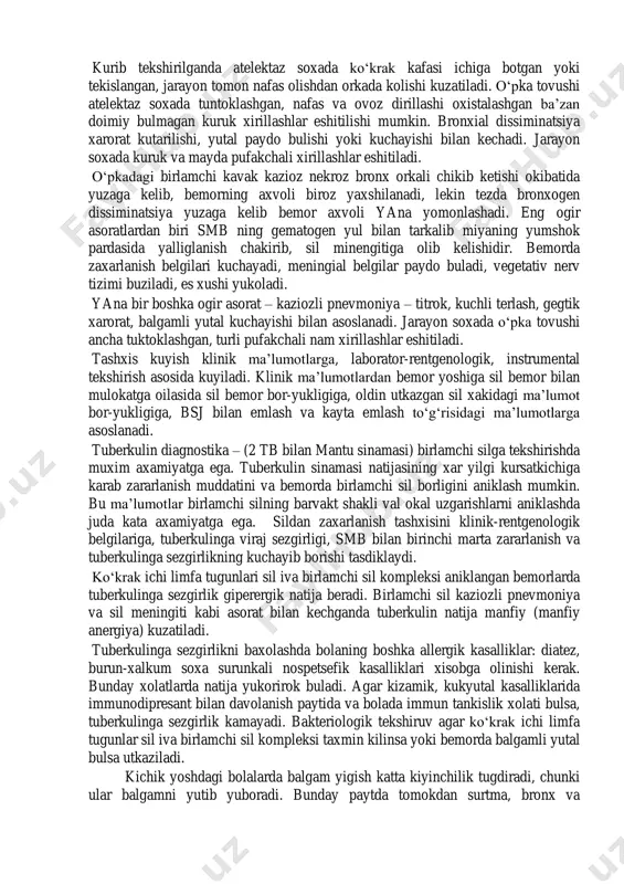 da ma’lum va uning kurinishi xar xil. birlamchi sil kattalarda asosan bronxial astma, endokrin, yurak kontomir kasalliklarida, oshkozon-ichak kasalliklari, xamda jigar, buyraklar, kushuvchi tukimalar, nervno-distrofik uzgarishlar nikobida bulishi mumkin. birlamchi silni ba’zi bir asoratlari klinik belgilar kurinishida kuzatiladi. bolalarda bunday asoratlar kasallik aniklangandan keyin 4-6 oy utib buladi. tana xarorati 38-390s darajaga kutarilishi, xansirash, ko‘krak kafasida ogrik plevritni taxmin kilishga yordam beradi. kuruk plevritda nafas olganda va chikarganda plevra shovkini eshitiladi. suyuklik yigilganda esa ogrik yukolib, ogriklik xissi paydo buladi, ba’zan tez-tez yutal. fizikal tekshirilganda jarayon tomon nafas oshishi orkada kolishi, kovurgalar oraligi yalliglanishi, suyuklik yigilgan soxada o‘pka tovushi tumtokligi, nafas oxistalashgan va ovoz dirillashi utkazilillaydi. limfogemotogen disseminatsiya – xar ikala o‘pka yukori bulaklarida yangi uchoklar paydo bulishga olib keladi. ularni paydo bulishi yakkol klinik belgilar bilan kechadi. jarayon soxasida yalliglanish kupayishi zaxarlanish belgilari va nafas tizimida uchokli uzgarishlar kuchayadi. doimiy kuruk yutal bronxda sil jarayoni borligidan guvoxlik beradi. bunday …