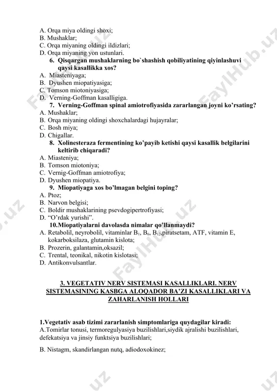 hlari; b. nistagm, skandirlangan nutq, adiodoxokinez; c.alohida guruh mushaklarning ko’pincha yuz mushaklarining qisqa muddatli bir xildagi klonik qisqarishlari; d. nasi moyilligi, allergiya va nevrozlar 2.vegetativ asab tizimi kasalligi hisoblanadi… a. migren; b. botulizm; c. vegetativ qon-tomirlar distoniyasi; d.a va c to`g`ri. 3.vegetativ qon-tomirlar distoniyasi sabablariga kirmaydi? a.surunkali ichki a'zolarning kasalliklari; b.ichki sekretsiya bezlari faoliyatining buzilishi; c.nasi moyilligi, allergiya va nevrozlar; d.giperxolesterinemiya. 4.vegetativ paroksizmlarning qanday tulari mavjud? 1. simpatik-adrenalin turi, vagoinsulyar turi, aralash turi; 1. assotsiyalashgan, vestibulyar; 1. ko’z, oddiy; 1. assotsiyalashgan, qorin turi. 5.organizmning yot jismlarga nisbatan sezgining oshib ketishi natijasida ro’y beradigan og’ir holat qanday ataladi? a.migren; b.anafilaktik shok; c.nevrit; d.miyelit. 6.allergiyada qo’llanadigan dori vositalari: 1. antibiotiklar; 1. antidepressantlar; 1. antigistamin preparatlar; 1. antikoagulyantlar. 7.bemorda boshning bir tomonida xurujsimon ogriq, qusish, teri rangining oqarishi kuzatilmoqda. bu qaysi kasallik belgisi? a. ganglionit; b. migren; c. radikulit; d. polinevrit. 8.migrenning qorin shakli kimlarda ko’proq uchrayda? a. bolalarda; b. qariyalarda; c. kattalarda; …