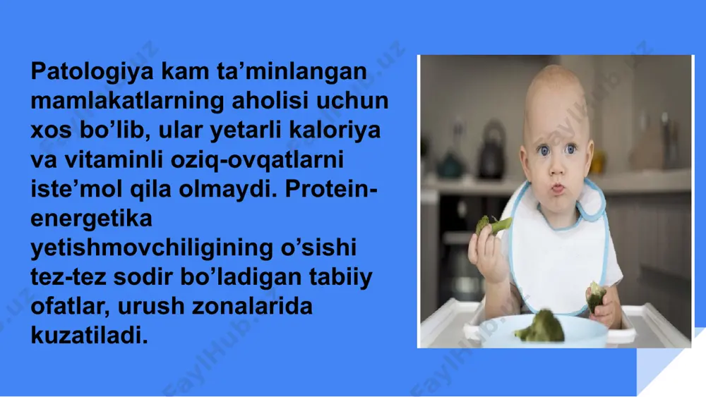 ar ishlab chiqarishning kamayishi bilan bog’liq. yuqumli jarayon juda og’ir bo’lib, mahalliy yallig’lanishning sepsisga o’tish xavfi yuqori. xirurgik bemorlarda kuniga 10 kkal / kg kaloriyalarni kamaytirish o’lim xavfini 30% ga oshiradi. antropometrik ko’rsatkichlarni baholash. tana bo’yi va vazni o’lchanadi, tmi hisoblanadi. agar so’nggi 2 oy ichida vazn 10% dan ko’proqqa kamaygan bo’lsa, shifokor protein-energiya yetishmovchiligidan shubhalanishi mumkin. tanadagi yog’ miqdorini baholash uchun qorin bo’shlig’ida yoki uch boshli muskul ustidagi teri-yog’ qatlamining qalinligini o’lchanadi. qon tekshiruvlari. klinik tahlilda gemoglobin darajasi pasayadi, eritrotsitlar soni kamayadi, ularning shakli va hajmi o’zgaradi. qonni biokimyoviy o’rganish keskin gipoproteinemiya, gipokalemiya, gipokalsemiyani ko’rsatadi. maxsus laboratoriya usullari. immunologik tekshiruv majburiydir: marazmda t-limfotsitlar asosan kamayadi, kvashiorkor turida t- va b-limfotsitlar yetishmovchiligi aniqlanadi. protein-energiya yetishmovchiligining diagnostik mezoni leykotsitlarning mutlaq sonining 1 mkl uchun 2000 dan kam hujayralarga tushishi hisoblanadi. qorin bo’shlig’ining ultratovush tekshiruvi. oddiy noinvaziv usul kasallikning ikkilamchi shakliga shubha qilinganida tavsiya etiladi va oshqozon-ichak trakti bilan bog’liq muammolarni aniqlash …