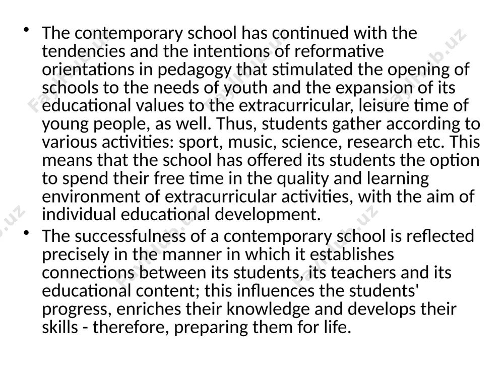 ree time and, which is exceptionally important, with the implementation of special work strategies. on the other hand, thanks to the enthusiasm of education workers - the bearers of these activities - and an interested group of students, the school opens its doors to everything that surrounds it: other schools, students, teachers, professionals and professional associations. considering the equal importance of both education and upbringing in the shaping of a contemporary individual, let us also mention that educational work in extracurricular activities, in addition, offers the opportunity of continuously applying child rearing principles in work. although activity leaders have to invest maximum effort, knowledge, patience and will for a change to occur in the pupil, a lot also depends on the pupil himself. the success of educational work is the fruit of a mutual, cooperative relationship. in this sense, the efficacy of education and rearing is manifested in the use …