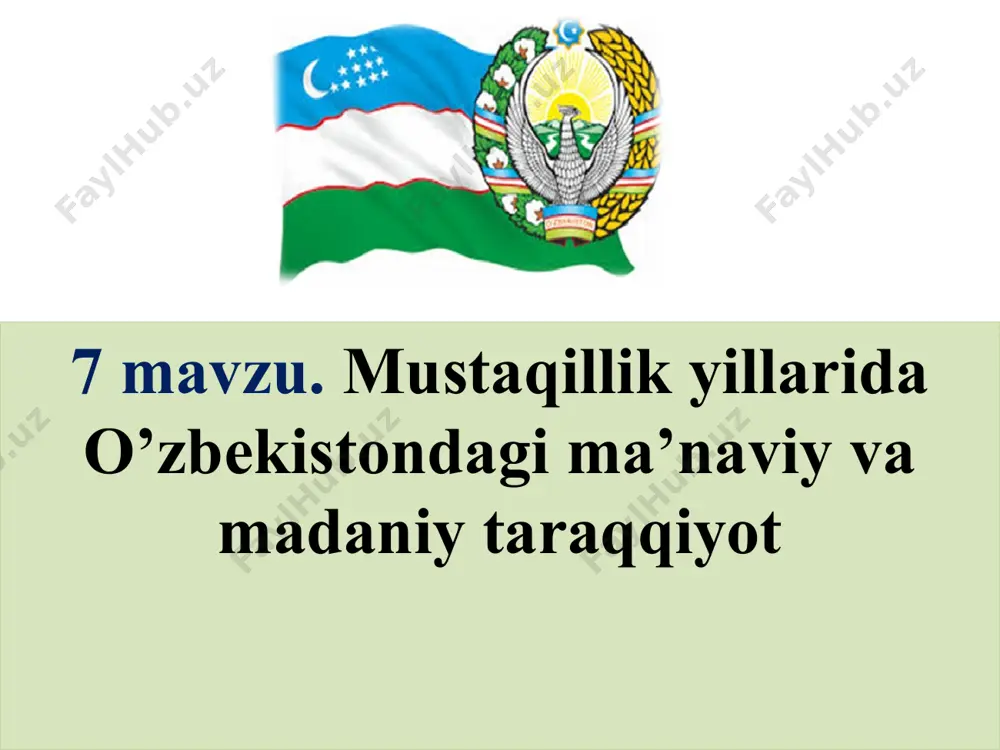 r, olim-u ulamolarning merosi o‘rganildi va tavallud kunlari nishonlandi yirik davlat arbobi, lashkarboshi va siyosatchilarning merosi tiklandi va ularning tarixdagi xizmatlari munosib baholandi yubileylar munosabati bilan ulug‘ ajdodlarimizning hayoti va faoliyati chuqur o‘rganildi, asarlari tarjima qilindi va butun dunyoga targ‘ib qilindi ma’naviyatimiz durdonalari bo‘lgan qadimiy shaharlarimizning yubileylarini nishonlandi yubiley munosabati bilan qadim shaharlarimiz, ulardagi tarixiy obidalar qayta ta’mirlandi va ular o‘xshashi yo‘q go‘zal qiyofaga ega bo‘ldi milliy bayramlar tiklandi, islomiy qadriyatlarga e’tibor qaratildi milliy urf-odat va an’analarga e’tibor berildi milliy tariximiz qaytadan yozildi o‘zbekistonda milliy ma’naviy qadriyatlarning tiklanishi boy tarixiy merosimiz milliy istiqlol g‘oyamizning asosini tashkil etdi. komil insonni tarbiyalashda tarixiy merosimiz yetakchi kuchga aylandi o’zbekiston tarixi 8 1997-yil - xiva va byxoro shaharlarining 2500 yillik yubileyi nishonlandi. 2002-yil – termiz shahrining 2500 yillik yubileyi nishonlandi. 2002-yil – shahrisabz shahrining 2700 yilligi nishonlandi. 2003 yil – nukus shahrining 70 yilligi nishonlandi va shahar «do‘stlik» ordenibilan mukofotlandi. 2006-yil – qarshi shahrining …