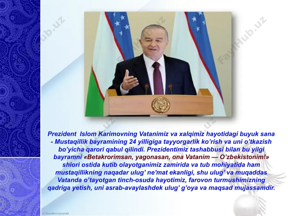 “mafkura faqat bugun emas, balki hamma zamonlarda ham eng dolzarb siyosiy – ijtimoiy masala, har qanday jamiyatni sog’lom, ezgu maqsadlar sari birlashtirib, uning o`z muddaolariga erishish uchun ma`naviy-ruhiy kuch-quvvat beradigan poydevor bo`lib kelgan” deb ta`kidlaydi. o`zbekistonning hozirgi davlat hududida yashagan xalqlarning uch ming yillik tarixiga nazar tashlaydigan bo`lsak, aksariyat hollarda bosqinchilar zulmi ostida engilmaganligini ko`ramiz. milliy g’oyaning ishonch va e`tiqodga aylanish shart-sharoitlari milliy istiqlol mafkurasi xalq e`tiqodi va buyuk kelajakka ishonchini ortirishning ilmiy-nazariy yo`nalishlari ishlab chiqilishi bilan birga, uning shart-sharoitlari, jarayonga ta`sir ko`rsatuvchi omillarning xilma-xil ekanligini hisobga olish muhim. ayni paytda, bu jarayonning eng muhim jihati shundan iboratki, har qaysi fuqaro, har qaysi inson jamiyat taraqqiyotining yo`nalishiga nisbatan o`z munosabatini aniqlab olishi zarur. insonning mohiyatini uning ijtimoiy ehtiyojlari tizimi, narsa va hodisalarga ongli munosabati tashkil qiladi. aniqroq qilib aytganda, ichki boyitish e`tiqodi, orzu-umidlari ijtimoiy mavjudotligining ma`no-mazmunini belgilaydigan sifat ko`rsatkichidir. ularni shartli ravishda ilohiy va dunyoviy yo`nalishlarga ajratish an`anasi mavjud. jamiyatning …