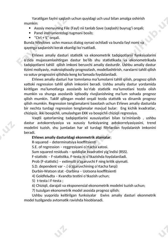 ni boshlanish va tugash davri kiritiladi. keyingi bosqichlarida foydalanuvchiga kerak bo’lgan amallarni bajarsa bo’ladi. masalan ekonmetrik modelni tuzish uchun va korrelyatsiyani topish uchun quick qatoridan group statistics tanlanadi va shundan correlation tanlab olinadi (10.6-rasm). chiziqli regressiya modeli tuzish uchun quick qatorini estimate equation bandi tanladi va ma’lumotlarni nomi kiritiladi. 10.4-rasm: work file yaratish. 10.5-rasm: ma’lumotlarni dasturga yuklash. 10.6-rasm. korrelyasiya koeffitsientini hisoblash. 10.7-rasm: chiziqli regressiya modelini tuzish. 3. eviews dasturida iqtisodiy masalalarning qo’llanilishi ma’lumotlar eviews amaliy dasturida tezda va sifatli taxlil qilish imkonini beradi. (masalan 10.1-rasmda mahaliy avtomobillarni ishlab chiqarishini narxga bo’lgan bog’liqligi tasvirlangan) 10.8-rasm:skaterplot hamma tanlangan ia’lumotlarni tasnifini tuzda olish imkonini beradi: 10.9-rasm: sonlarning tasnifi eviews amaliy dasturida vaqtli qatorlarni har xil turdagi masalasini yechish mumkin. misol tariqasida additiv model qatori masalasi ko’ramiz. birinchi navbatda vaqtli qator grafigini tuzamiz. keyin esa trend va mavsumni tanlayiz.shunday qilib,mavsum va trend o’chirib tashlangandan so’ng neft qazib olish ko’rsatkichlari quyidagi rasmdagi grafik ko’rinishiga keladi. …