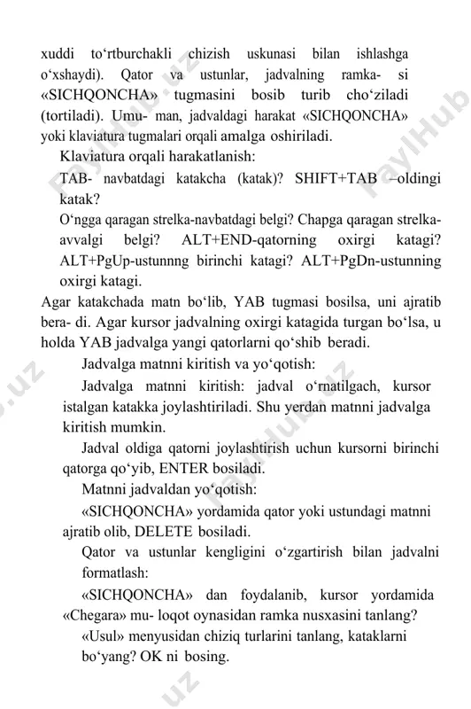 ajratib bera- di. agar kursor jadvalning oxirgi katagida turgan bo‘lsa, u holda yab jadvalga yangi qatorlarni qo‘shib beradi. jadvalga matnni kiritish va yo‘qotish: jadvalga matnni kiritish: jadval o‘rnatilgach, kursor istalgan katakka joylashtiriladi. shu yerdan matnni jadvalga kiritish mumkin. jadval oldiga qatorni joylashtirish uchun kursorni birinchi qatorga qo‘yib, enter bosiladi. matnni jadvaldan yo‘qotish: «sichqoncha» yordamida qator yoki ustundagi matnni ajratib olib, delete bosiladi. qator va ustunlar kengligini o‘zgartirish bilan jadvalni formatlash: «sichqoncha» dan foydalanib, kursor yordamida «chegara» mu- loqot oynasidan ramka nusxasini tanlang? «usul» menyusidan chiziq turlarini tanlang, kataklarni bo‘yang? ok ni bosing. ikki yoki undan ortiq jadvalni bo‘lish: yangi jadvalning birinchi qatorida turishi zarur bo‘lgan joyga kursor o‘rnatiladi, so‘ng «jadval» menyusidan «bo‘ling» buyrug‘i beriladi? jadvalni kataklarga bo‘lish va birlashtirish uchun: oldindan birlashtirilishi lozim bo‘lgan ustun va qatorlar ajratib olina- di (kataklarni birlashtirish faqat office 2000 da mavjud). kataklarni birlashtirish uchun: «jadval» menyusidan «kataklarni birlash- tiring» buyrug‘i tanlanadi. kataklarni qo‘shish uchun …