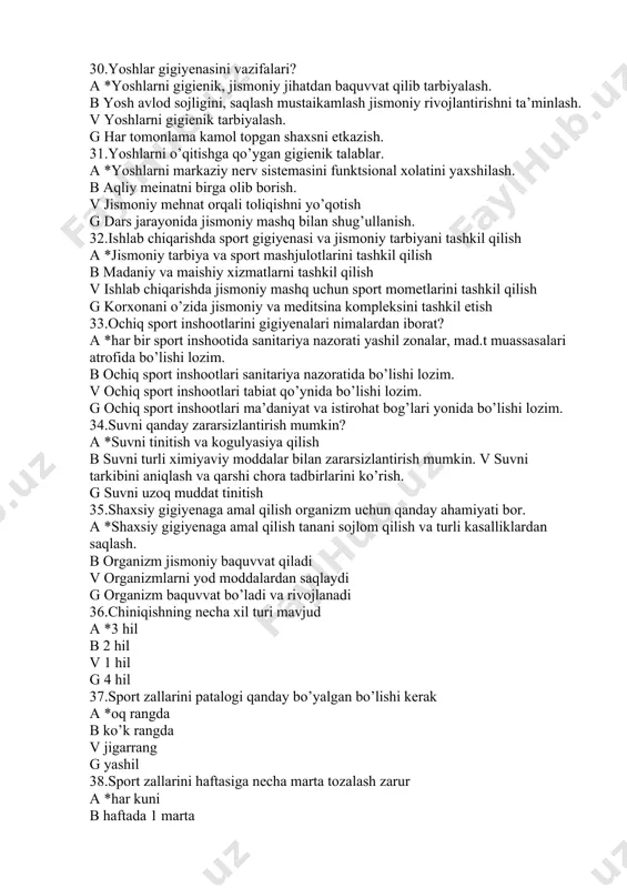 tozalash zarur a *har kuni b haftada 1 marta v haftada 2 marta g 3 kunda 1 marta 39.yoshlarni qay usulda chiniqtirish lozim. a *suv va quyosh nurida, sovuqda b vannada v ovqatlanganda g uxlaganda 40.jismoniy tarbiya bilan shug’ullanuvchi talabaning maxsus kiyimiga nimalar kiradi a *sport turiga mo’ljallangan maxsus kiyim b ko’ylak bilan shim v futbolka va shim g sport kiyimi 41.jismoniy tarbiya bilan shug’ullanuvchi talaba sport mashg’ulotidan keyin sportchi nima qilishi kerak a *yuvinishi b ovqatlanishi v uxlashi g suv ichishi 42.jismoniy tarbiya gigiyenasiga amal qilgan holda necha mahal ovqatlanishi kerak a *3-4 maxal b 1 maxal v 2 maxal g 5 maxal 43.havo bilan chiniqishning qaysi turi kam qullaniladi a *siyrak havo (gipoksiya) b sovuq havo v issiq havo g havo 44.havo vannasi qabul qilishni xonadagi harorat necha gradusda boshlanadi a *+15-20 b +13-17 v +12-14 g +15-16 45.suvda chiniqish qanday boshlanadi a *hol sochiq bilan artinishdan b …