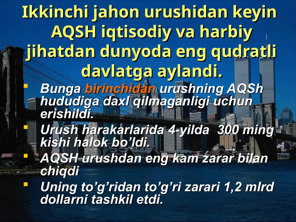 ing 11-mart kuni rasmiy tashrif bilan aqsh ga keldi. safar davomida aqsh-o’zbekiston aloqalariga doir bir necha hujjatlar imzolandi. ularning ichida srtategik hamkorlik to’g’risidagi shartnoma alohida ahamiyatga egadir. aqsh jamoasi tashkilotlari xalqaro terrorizmga qarshi kurashga qo’shgan hissasi uchun i.karimovni “xalqaro miqyosidagi buyuk davlar arbobi” mukofati bilan taqdirladilar. yusufjon_axmedov@mail.ru * o’zbekistonda 300 dan ortiq amerika – o’zbekiston qo’shma korxonalari ishlamoqda. bundan tashqari mamlakatimiz hududida aqsh ning 28 ta kompaniya, firma va banklari faoliyat ko’rsatmoqda. ikki davlat o’rtasidagi tovar ayriboshlash hajmi 2001-yil 300 mln aqsh dollaridan oshdi. aqsh o’zbekistonning jahon davlatlari bilan savdosida 5-o’rinda turadi. yusufjon_axmedov@mail.ru * 1. aqsh maydoni jihatdan dunyoda nechanchi o’rinda turadi? 2. aqsh 1776-yil mustaqillikka erishgan u qaysi davlatning mustamlakasi bo’lgan? 3. mustaqillik kuni qachon? 4. aqsh da asosiy ikkita yirik partiya mavjud ular qaysilar? 5. aqsh yaponiyaning xirosima va nagasaki shaharlariga atom bombasini qachon tashladi? 6. pentagon nima? 7. jon.kennidi qachon qaysi shaharda o’ldirildi. 8.”uotergeyt ishi” bilan bog’liq …