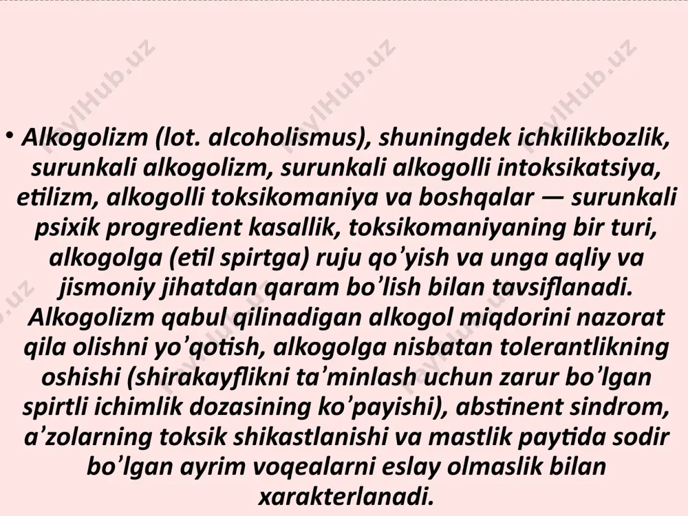 ri bilan mustahkamlangan. alkogolizm 1952-yilda jahon sog’liqni saqlash tashkiloti tomonidan kasallik sifatida tasdiqlangan. birinchi bosqich alkogolizmning birinchi bosqichida bemorda spirtli ichimliklar iste’mol qilishga bostirish qiyin bo’lgan istak uyg’onadi. agar spirtli ichimlikni ichish imkoni bo’lmasa, intilish hissi vaqtincha yo’qoladi, ammo alkogol qabul qilish holatida ichiladigan miqdorni nazorat qilish qobiliyati keskin pasayib ketadi. kasallikning bu bosqichida mastlik ko’pincha haddan tashqari qo’zg’alganlik, agressiya va hatto xotira yo’qotilishi (bu bosqicha kamdan-kam hollarda) bilan kechadi. alkogolizmning birinchi bosqichi asta-sekin ikkinchi bosqichga o’tadi. bu bosqichda ichkilikni tashlash nisbatan eng osondir. ikkinchi bosqich alkogolizmning ikkinchi bosqichi alkogolga tolerantlikning sezilarli darajada o’sishi bilan ajralib turadi va asta-sekin u eng yuqori darajaga — «tolerantlik platosi»ga yetadi. asta-sekin odam iste’mol qilinadigan alkogol miqdori ustidan nazoratni batamom yo’qotadi. ushbu bosqichda spirtli ichimliklarga jismoniy qaramlik mavjud bo’ladi. kasallikning aynan ikkinchi bosqichida bosh og’rig’i, tashnalik, asabiylashish, uyqu bilan bog’liq muammolar, yurak sohasida og’riq, oyoq-qo’llarning yoki butun vujudning titrashi bilan birga kechadigan abstinentli alkgolli …