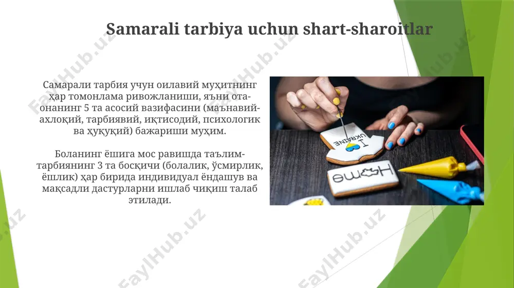 ri таълим ва тарбиянинг самарадорлиги 80% ота-онанинг муносабати, 20% эса таълим муассасасининг саъй-ҳаракатларига боғлиқ. бу нисбат тарбиянинг уй шароитидаги аҳамиятини кўрсатади. тарбиянинг 5 та асосий принципи: муҳаббат, ҳурмат, очиқлик, изчил раҳбарлик ва мустақилликка ўргатиш. булар боланинг шахсият сифатида шаклланишига ёрдам беради. tarbiyaning mazmuni va vazifalari samarali tarbiyaning asosiy omillaridan biri – bolaning yosh xususiyatlari, individual qobiliyatlari va ehtiyojlarini hisobga olgan holda, 2-3 ta tarbiya uslublarini muvozanatli qo‘llashdir. tarbiya jarayoni 5 ta asosiy vazifani bajaradi: shaxsiyatni shakllantirish, bilim berish, ko‘nikma va malakalarni o‘rgatish, ijtimoiylashtirish va o‘z-o‘zini tarbiyalashga yo‘naltirish. tarbiya jarayonining mohiyati tarbiyaning maqsadi – shaxsni 10 yoshgacha muayyan axloqiy qadriyatlar va ijtimoiy normalar asosida shakllantirish, 20 yoshgacha esa mustaqil, mas’uliyatli va ijtimoiy faol shaxs sifatida yetishtirishdan iborat. tarbiya jarayoni shaxsning 3 ta asosiy sohasini – axloqiy, intellektual va jismoniy rivojlanishini uyg’unlashtirishga qaratilgan murakkab psixologik-pedagogik jarayon hisoblanadi. ijobiy va salbiy ta’sirlarning oldini olish ijtimoiy tarmoqlardagi nojo‘ya kontentdan himoya qilish uchun bolalarga internetdan …
