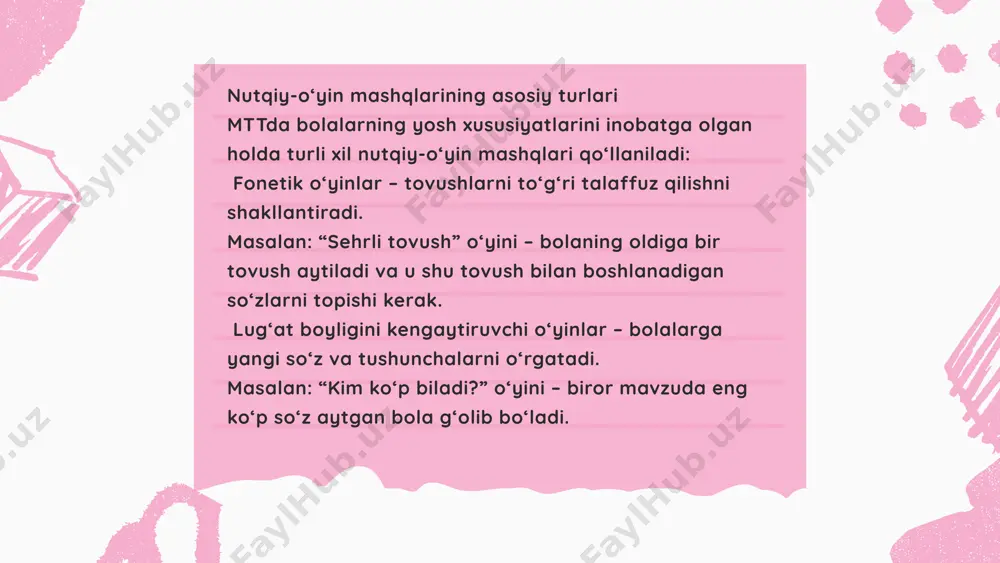 obga olish – mos mashqlar va yondashuvlar orqali rivojlantirish. ota-onalar bilan hamkorlik qilish – uy sharoitida ham nutqiy mashqlarning davom etishini ta’minlash. ijodiy yondashuvni shakllantirish – bolalar hikoya tuzish, rolli o‘yinlar va dramatizatsiyaga jalb qilinishi lozim. 1. nutqiy-o‘yin mashqlarining asosiy maqsadi nima? a) bolalarni jismoniy jihatdan rivojlantirish b) bolalarning nutqini rivojlantirish va so‘z boyligini oshirish c) faqat tovushlarni to‘g‘ri talaffuz qilishga o‘rgatish d) matematik bilimlarni oshirish ✅ to‘g‘ri javob: b) bolalarning nutqini rivojlantirish va so‘z boyligini oshirish 2. quyidagilardan qaysi biri fonetik o‘yinlarga misol bo‘la oladi? a) "sehrli tovush" – berilgan tovush bilan boshlanadigan so‘zlarni topish b) "savdogar va xaridor" – do‘konda savdo qilishni o‘rgatuvchi rolli o‘yin c) "ertak tugat" – bolalar hikoyaning davomini o‘ylab topadi d) "ranglarni tanla" – turli ranglarni farqlashga o‘rgatuvchi o‘yin ✅ to‘g‘ri javob: a) "sehrli tovush" – berilgan tovush bilan boshlanadigan so‘zlarni topish 3. nutqiy-o‘yin mashqlarining qanday turlari mavjud? a) faqat rolli o‘yinlar b) faqat …